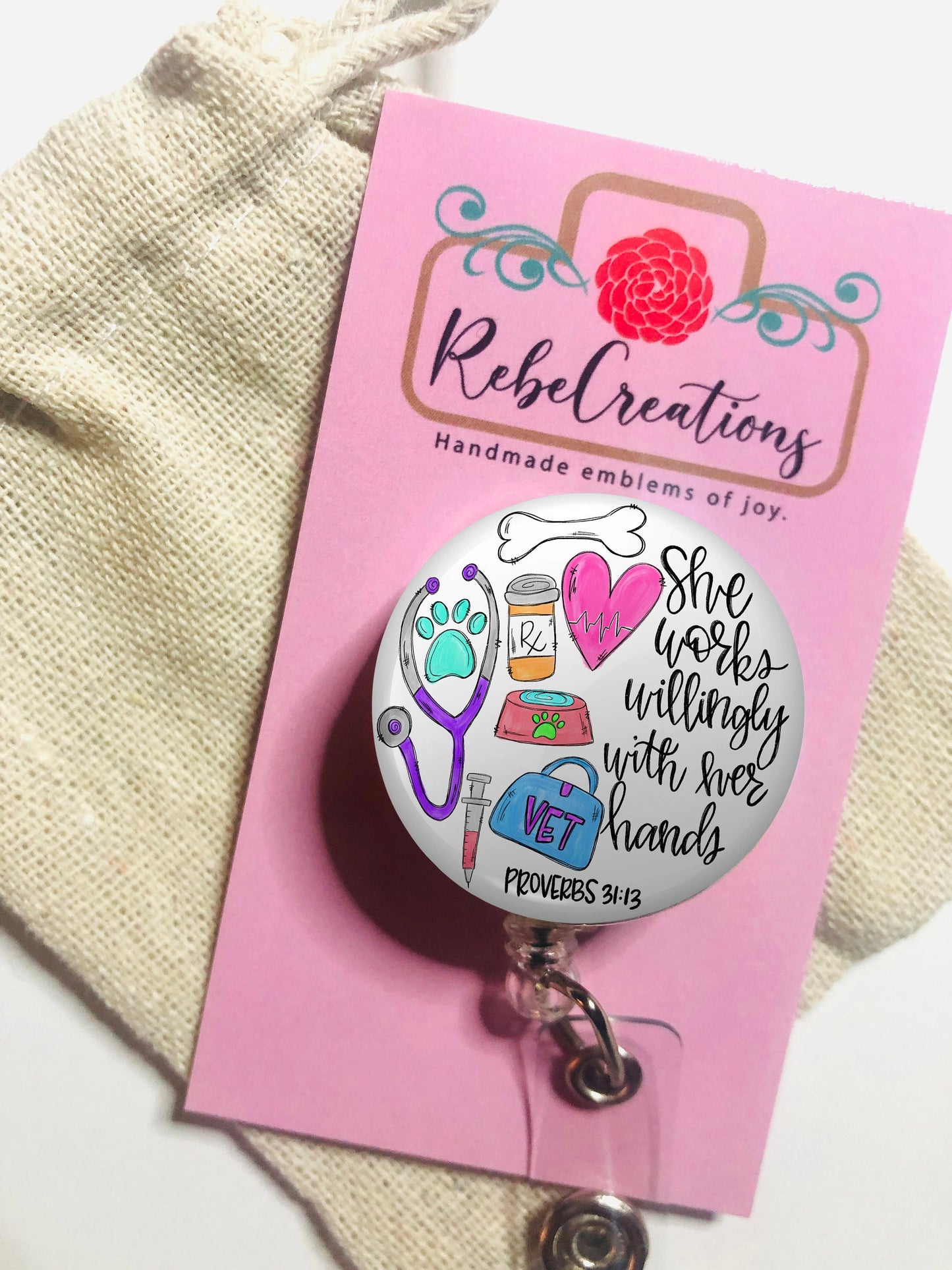 Veterinarian Badge Reel - Vet Badge Reel - She works willingly with her hands - ID Retractable badge, ID Badge Reel - Veterinarian Gift