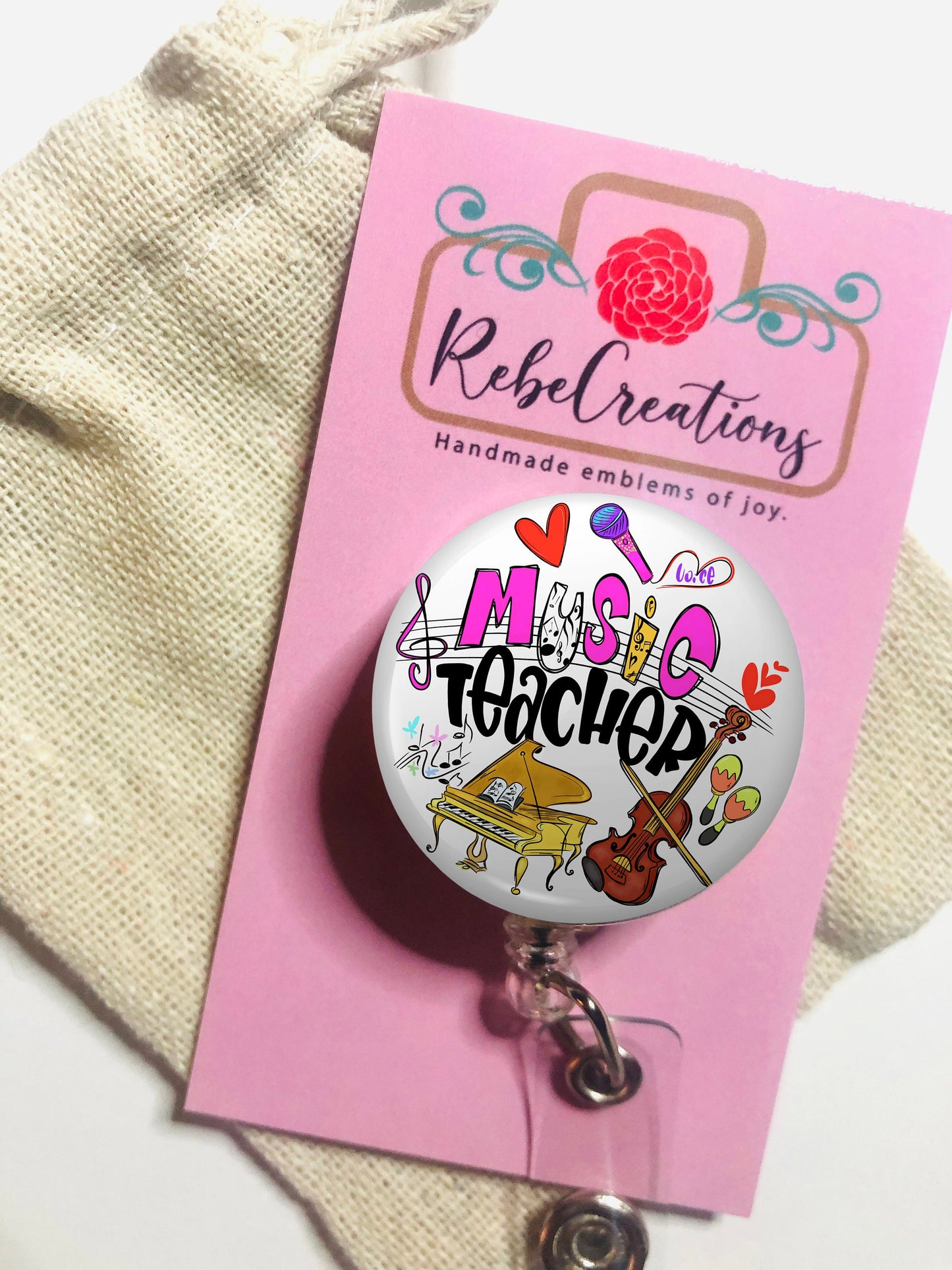 Music Teacher Badge Reel - Music Teacher ID Badge Reel - ID Retractable badge, ID Badge Reel - Music Teacher Gift