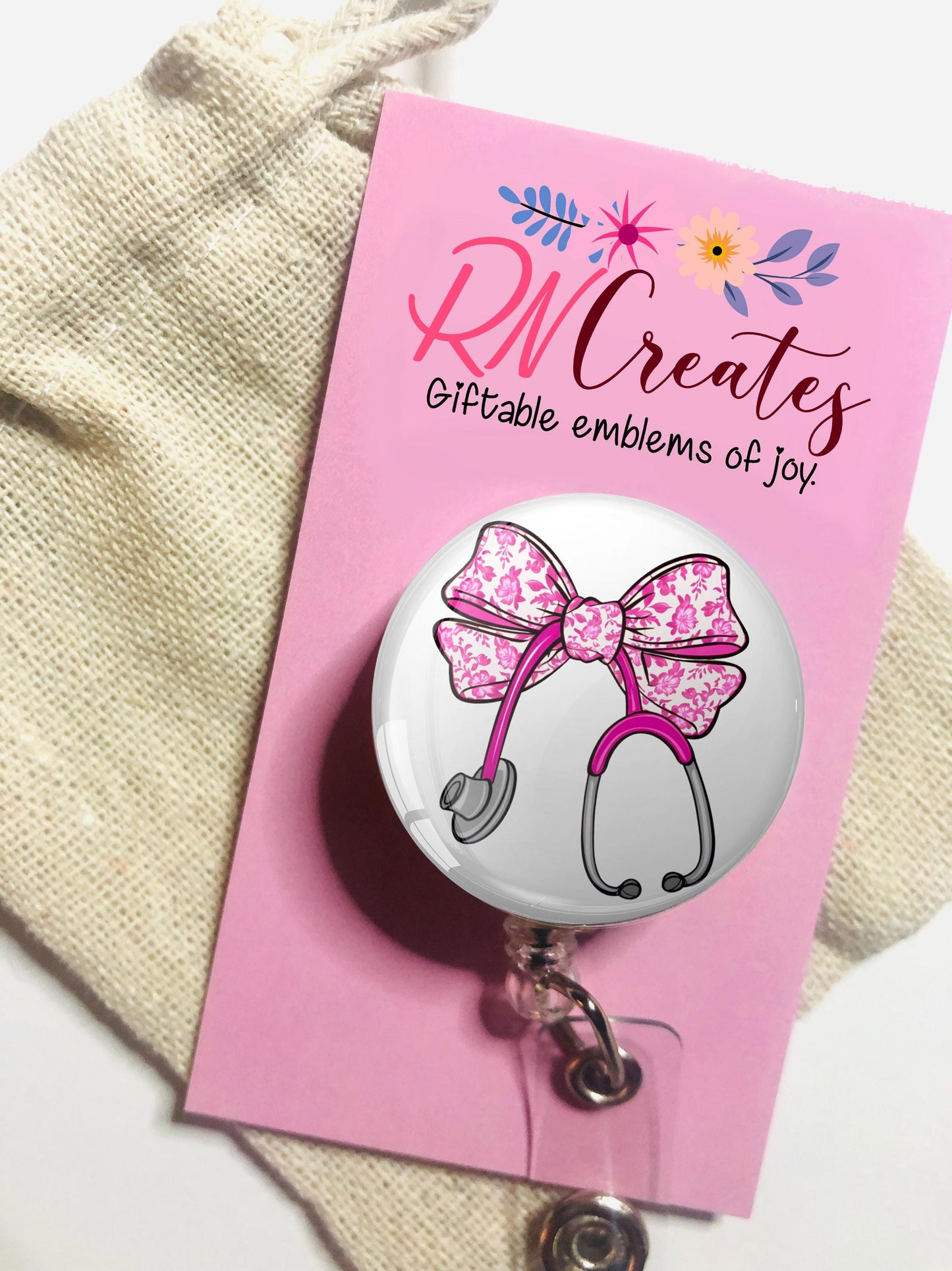 Pink Bow with Stethoscope Badge Reel - Nurse Badge Reel - ID Retractable badge, ID Badge Reel - Nurse Gift - Doctor Gift
