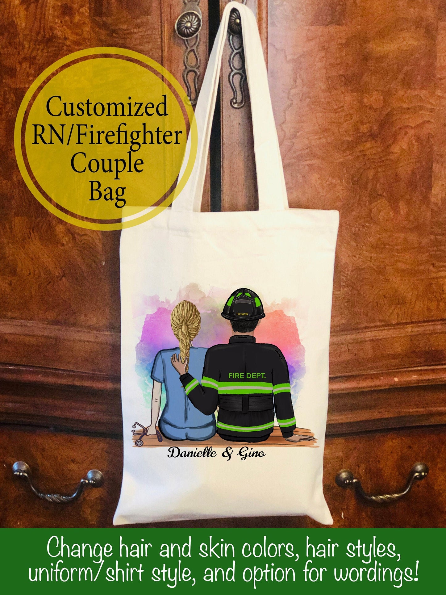 Personalized RN and Firefighter Canvas Bag -  Canvas Bag - Nurse Gift - Firefighter Gift  -  Personalized Canvas Bag - Couples Bag