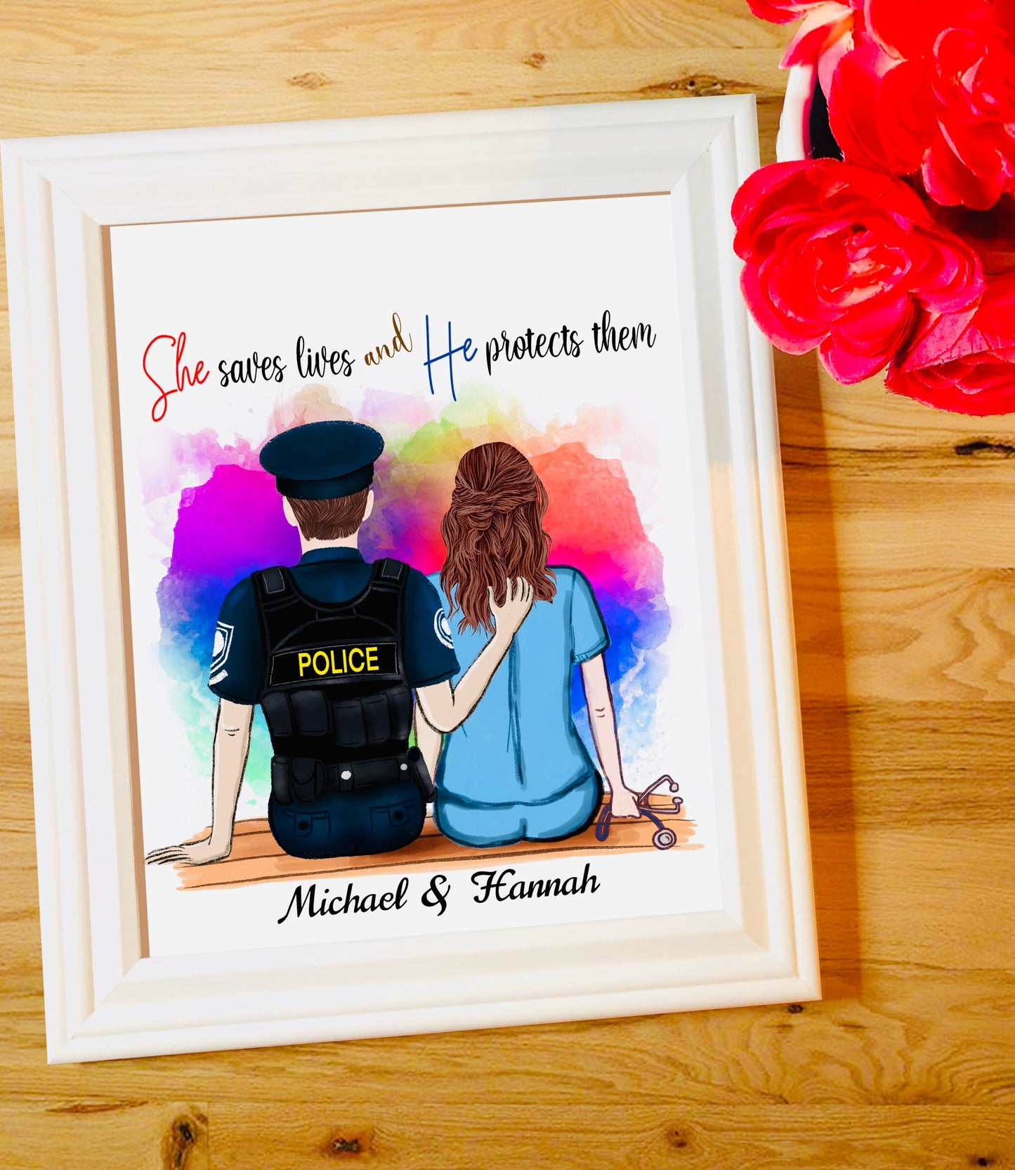 Unframed Customized Nurse Police Couple Print, Personalized Police Nurse Couple - Nurse Gift - Police Gift - Personalized Print