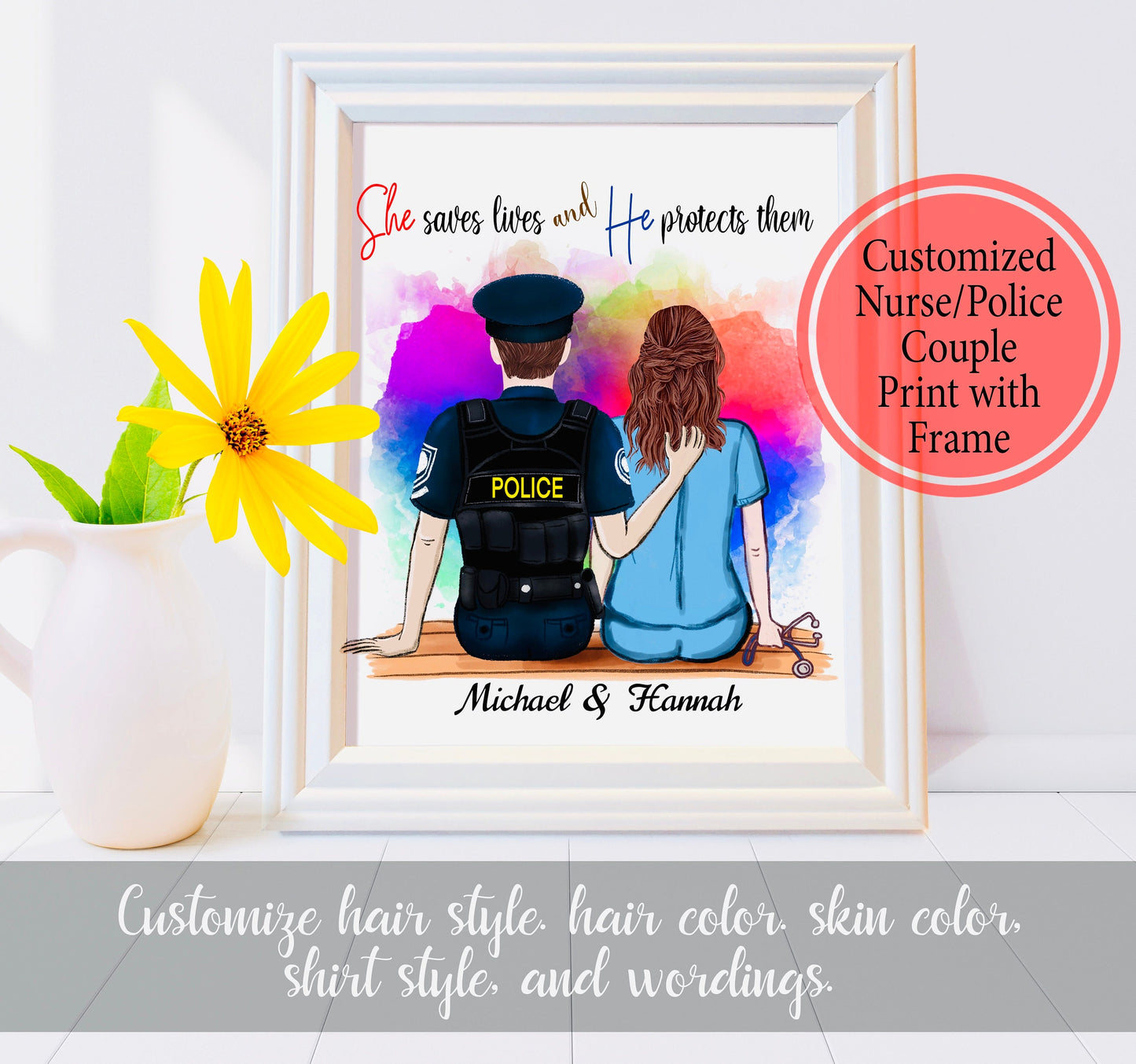 Unframed Customized Nurse Police Couple Print, Personalized Police Nurse Couple - Nurse Gift - Police Gift - Personalized Print