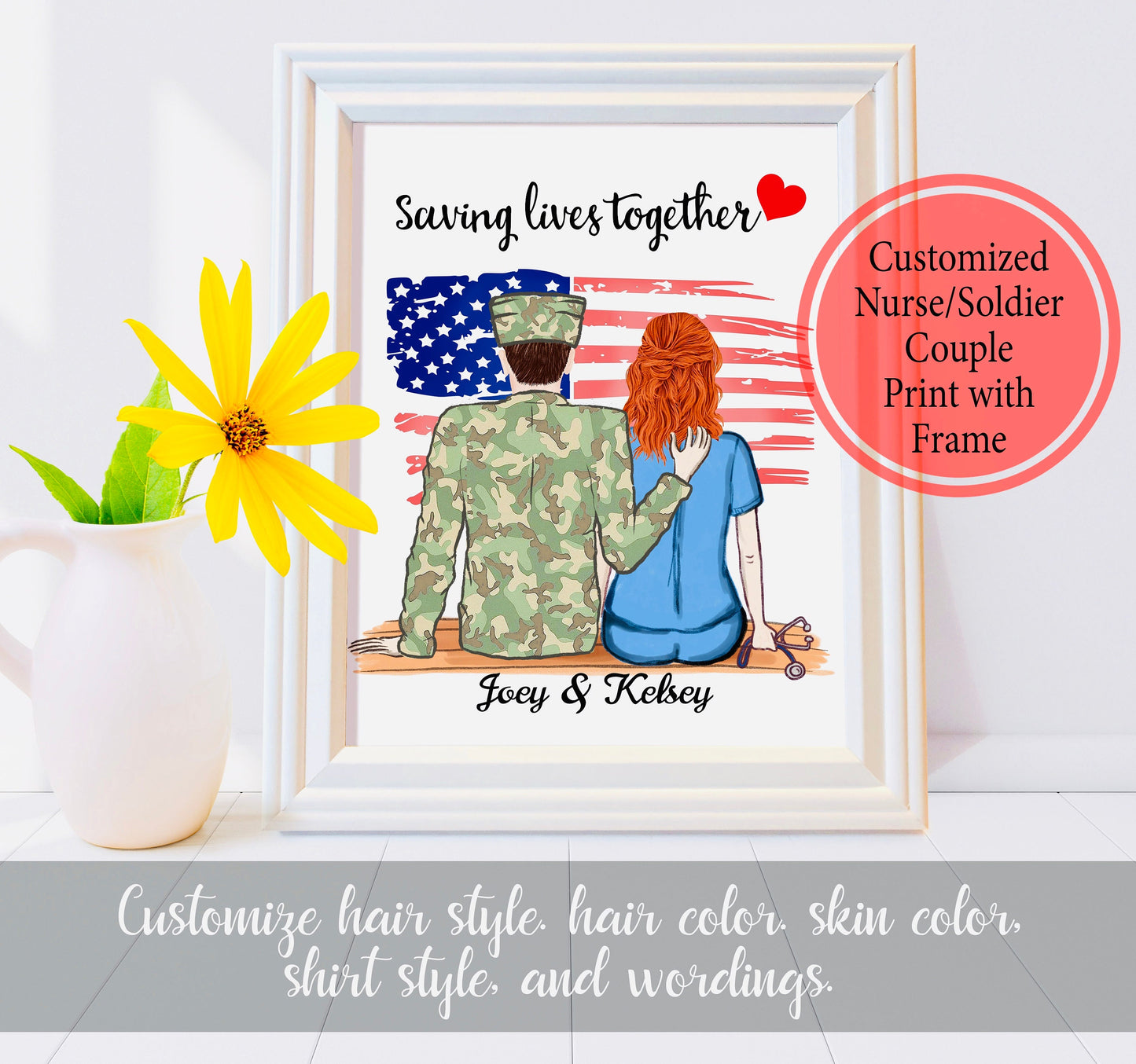 Printed Customized Nurse Soldier Couple, Personalized Soldier Nurse Couple Print - Nurse Gift - Military Gift - Personalized Print