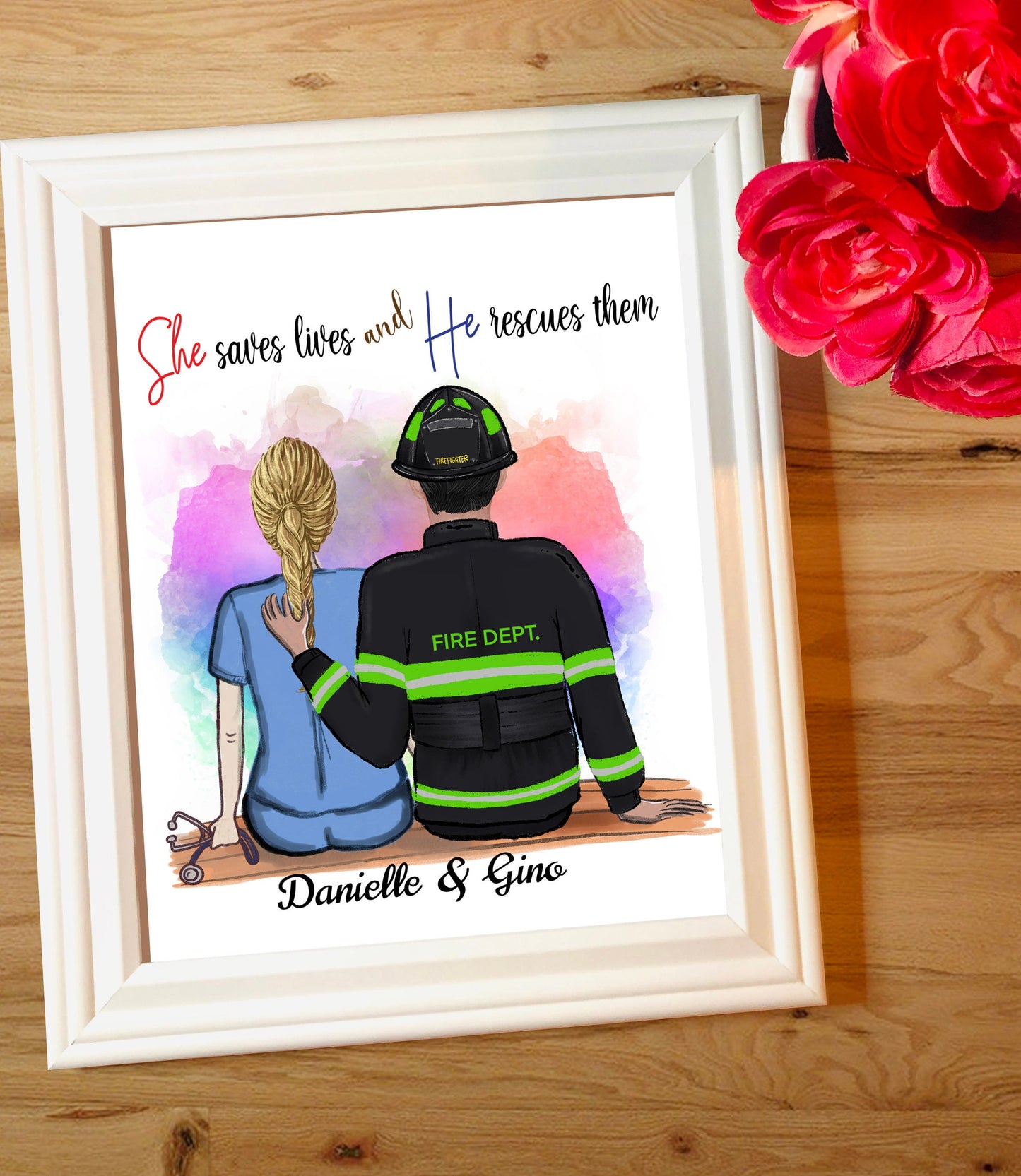 Customized Nurse Firefighter Couple Print, Personalized Firefighter Nurse Couple Print - Nurse Gift - Firefighter Gift - Framed Print