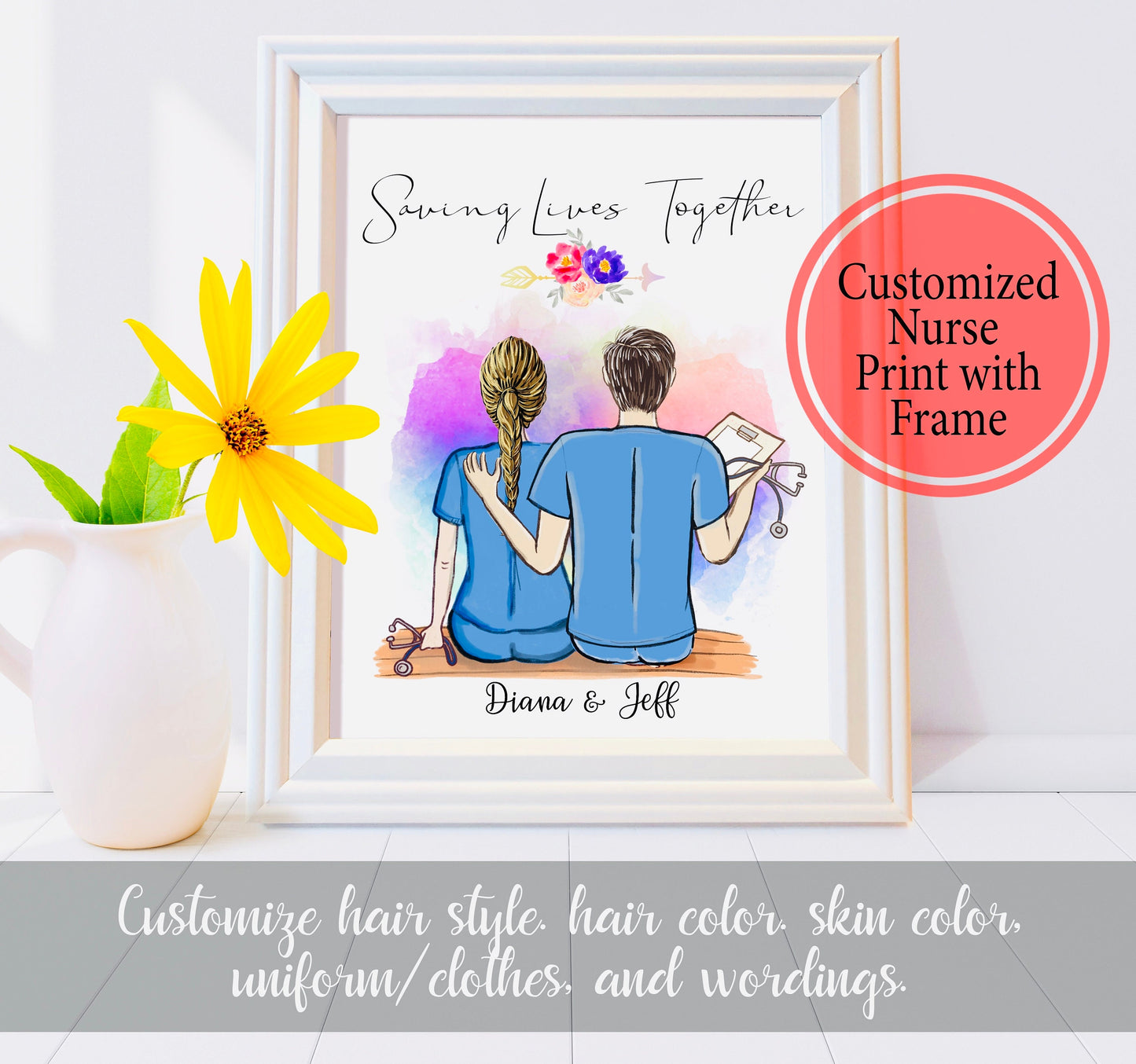 Nurse Couple Customized Framed Print, Personalized Nurse Couple Gift - Print with Frame - Nursing Gift - RN Gift