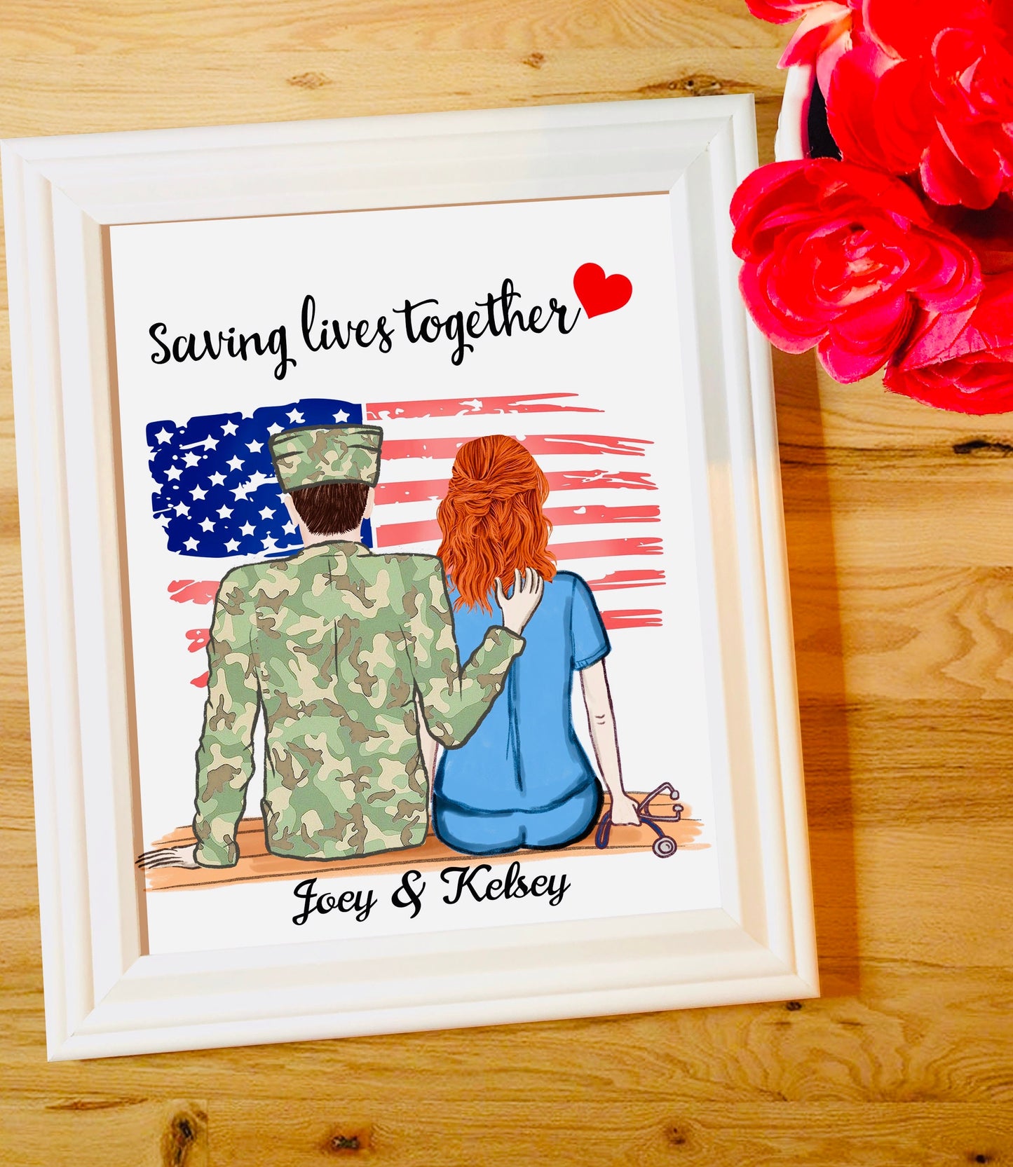 Printed Customized Nurse Soldier Couple, Personalized Soldier Nurse Couple Print - Nurse Gift - Military Gift - Personalized Print