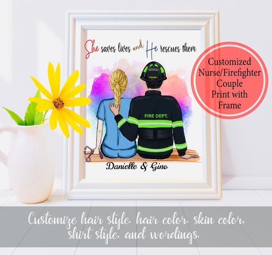 Customized Nurse Firefighter Couple Print, Personalized Firefighter Nurse Couple Print - Nurse Gift - Firefighter Gift - Framed Print