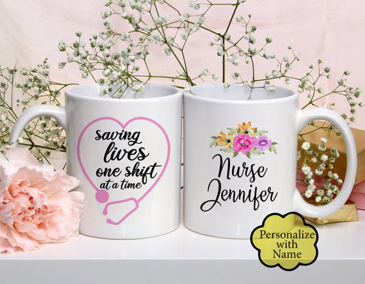 Personalized Nurse Mug - Personalized Saving Lives One Shift at a Time Mug - Nurse Mug - Coffee Mugs - Nurse Gift