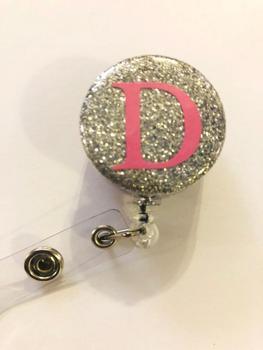 Initials Badge Reel, Glitter Retractable badge holder, ID Badge Reel, Monogram Badge Reel - Glitter Letter Badge Reel