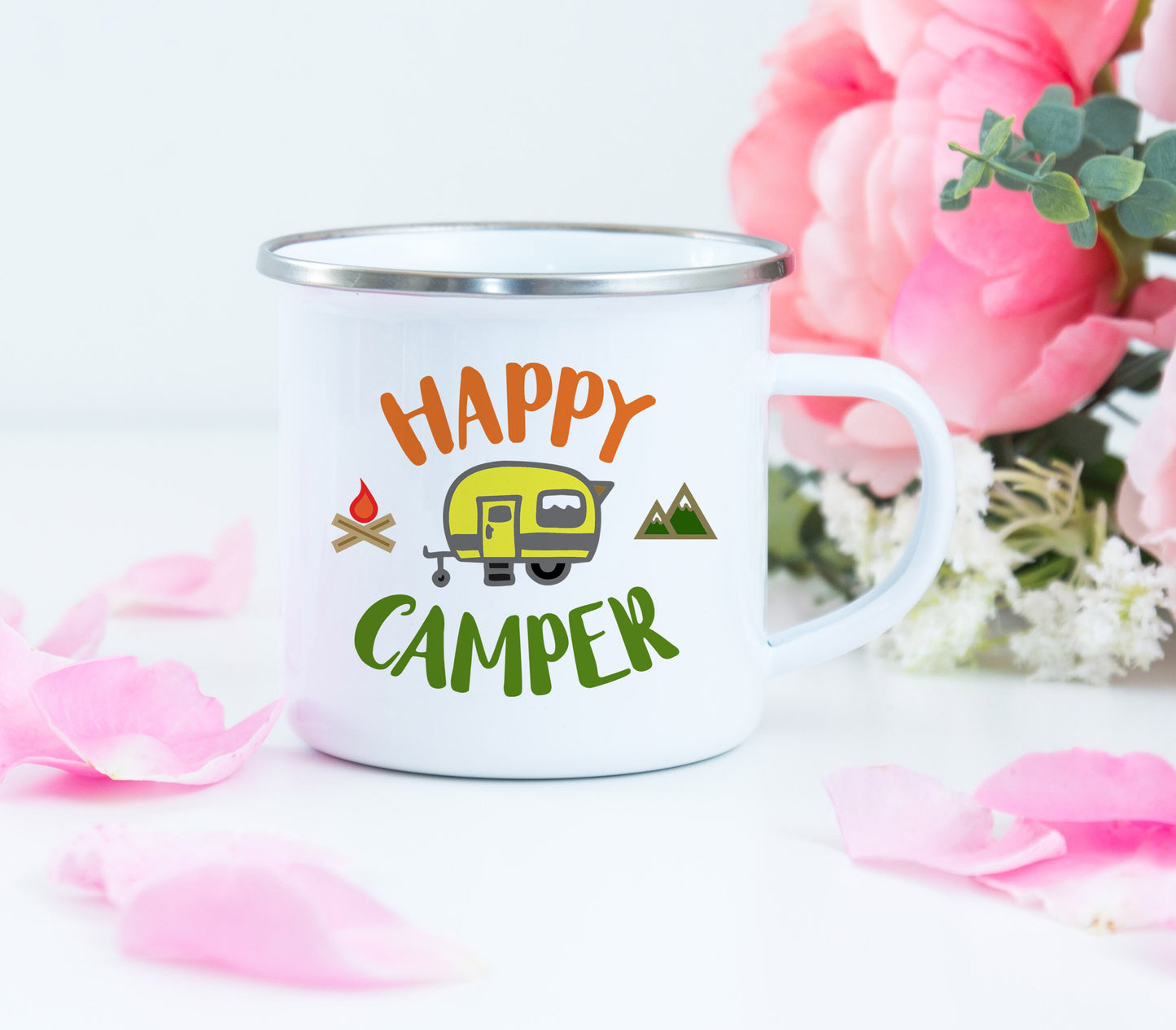 Personalized Camping Mug - Happy Camper Mug - Happy Camper Enamel Mug - Custom Camp Mug - Enamel Mug - Happy Camper Camping Mug