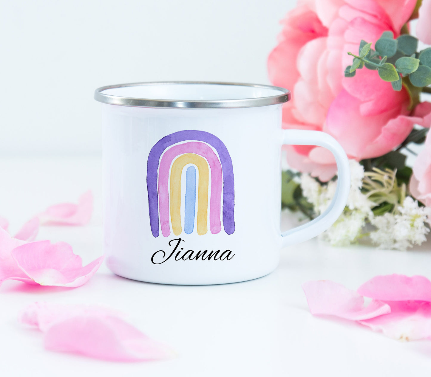 Personalized Camping Mug - Rainbow Camping Mug - Rainbow Enamel Mug - Custom Camping Mug - Enamel Mug - Pastel Rainbow Mug - Kids Mug