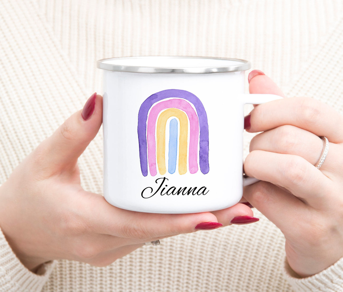 Personalized Camping Mug - Rainbow Camping Mug - Rainbow Enamel Mug - Custom Camping Mug - Enamel Mug - Pastel Rainbow Mug - Kids Mug
