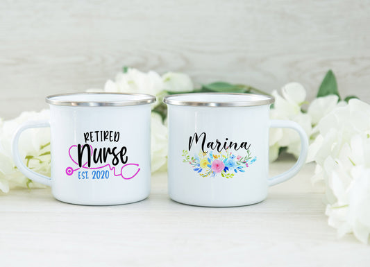 Retired Nurse Camping Mug - Personalized Retired Nurse Enamel Mug - Retired RN Mug - Nurse Gift - Retired Nurse Gift - Retired RN Gift