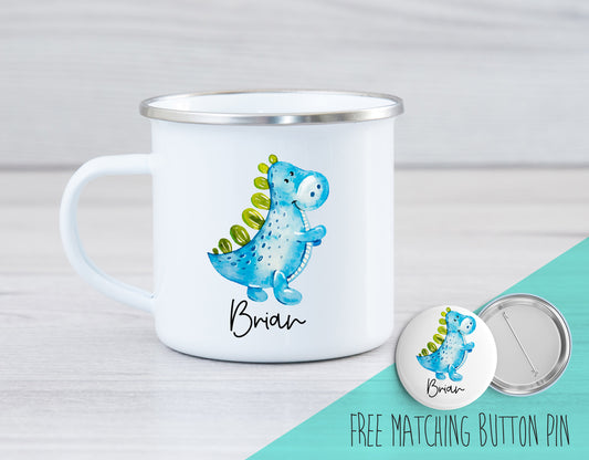 Personalized Camping Mug - Blue Dinosaur Camping Mug - Dinosaur Enamel Mug - Custom Camping Mug - Enamel Mug - Blue Dino Mug - Kids Mug