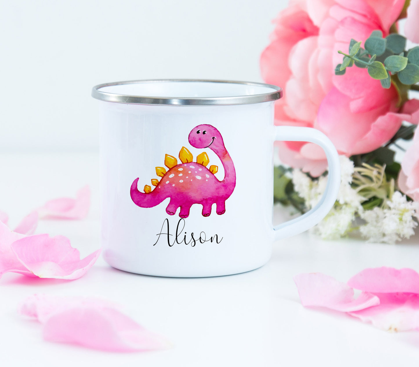 Personalized Camping Mug - Pink Dinosaur Camping Mug - Dinosaur Enamel Mug - Custom Camping Mug - Enamel Mug - Pink Dino Mug - Kids Mug
