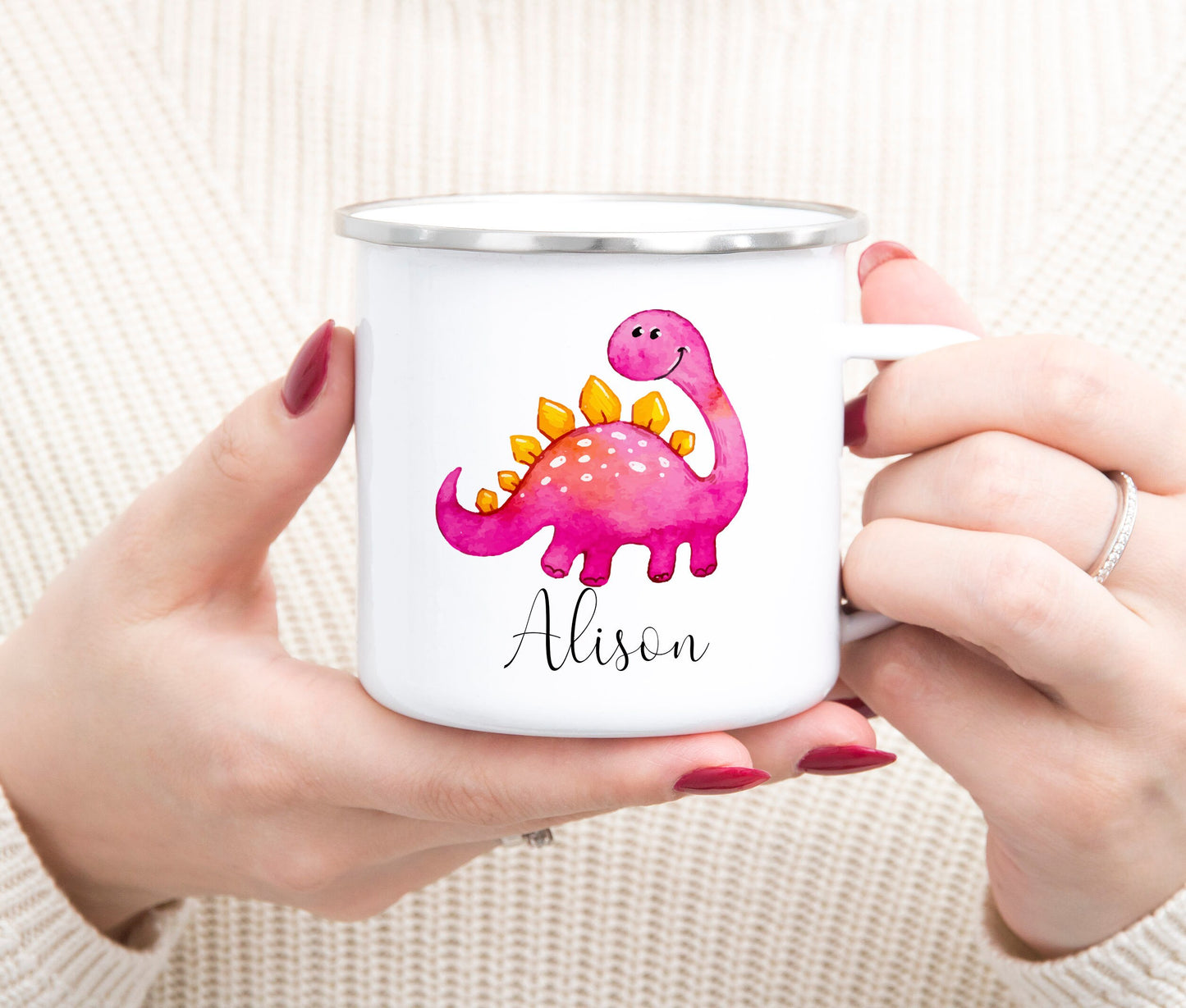 Personalized Camping Mug - Pink Dinosaur Camping Mug - Dinosaur Enamel Mug - Custom Camping Mug - Enamel Mug - Pink Dino Mug - Kids Mug