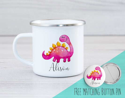 Personalized Camping Mug - Pink Dinosaur Camping Mug - Dinosaur Enamel Mug - Custom Camping Mug - Enamel Mug - Pink Dino Mug - Kids Mug