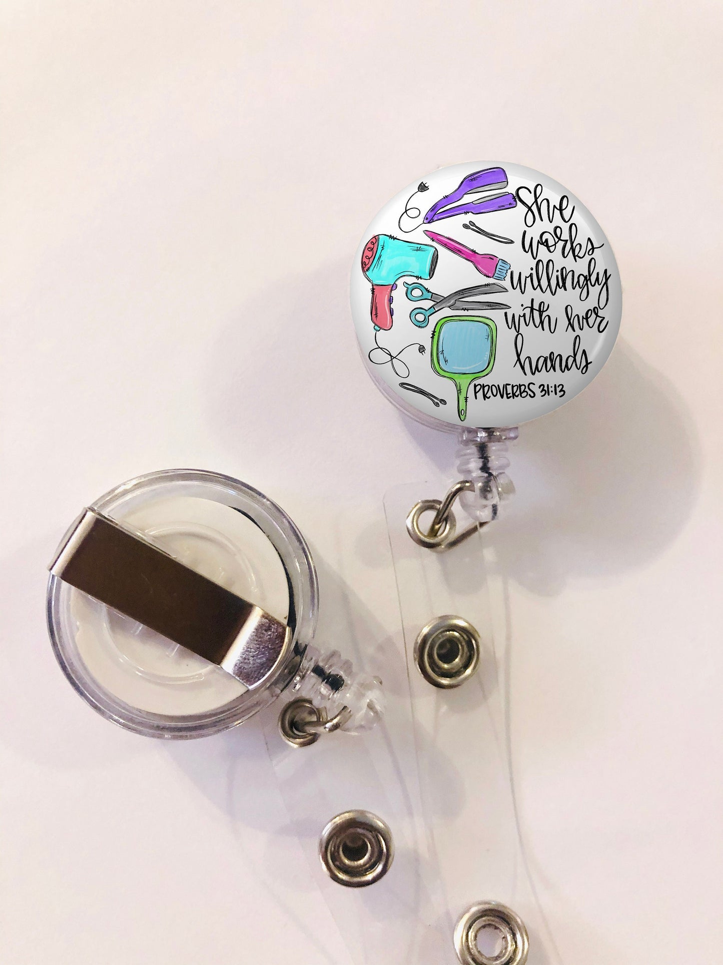 Hair Stylist Badge Reel, She works willingly with her hands - ID Retractable badge, ID Badge Reel, PT gift. Badge reel