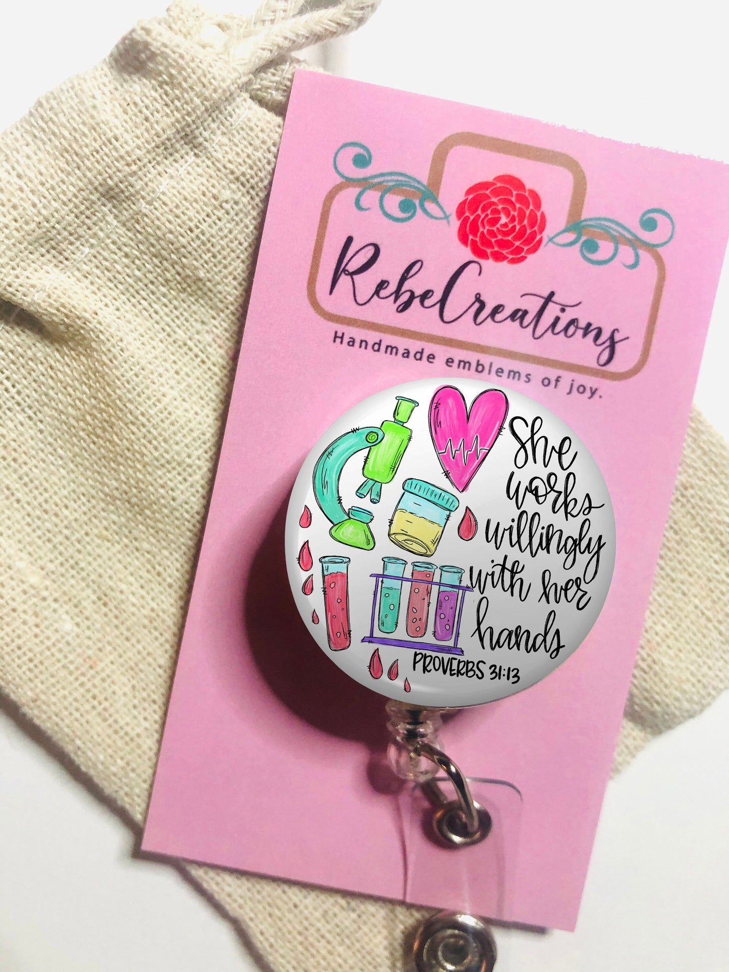Phlebotomist Badge Reel - Lab Badge Reel - She works willingly with her hands - ID Retractable badge, ID Badge Reel - Phlebotomist Gift