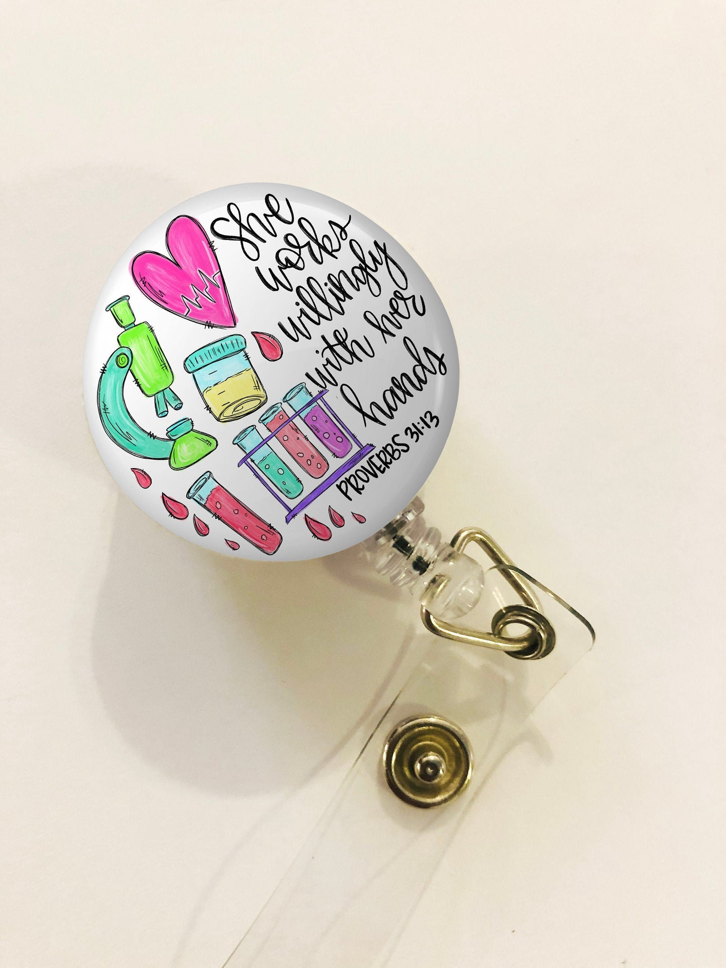 Phlebotomist Badge Reel - Lab Badge Reel - She works willingly with her hands - ID Retractable badge, ID Badge Reel - Phlebotomist Gift