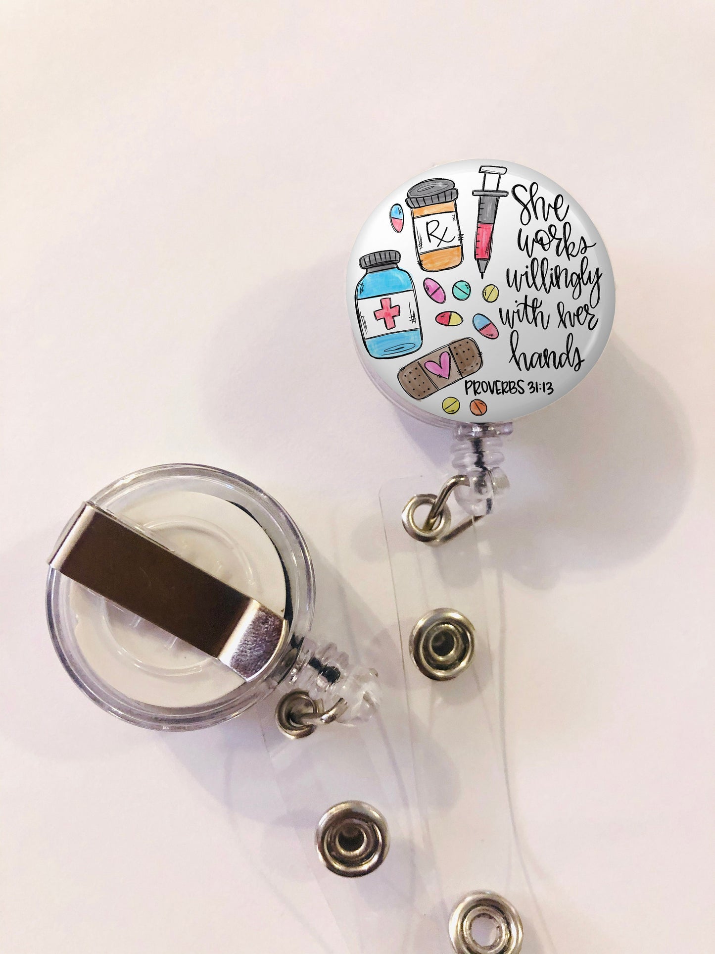 Pharmacist Badge Reel - Pharmacist Tech Badge  - She works willingly with her hands - ID Retractable badge, ID Badge Reel - Pharmacist  Gift