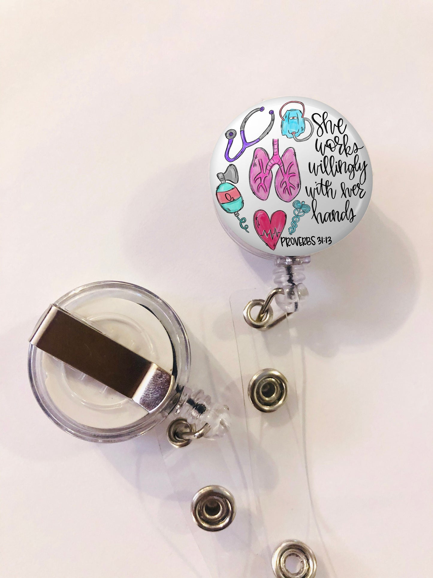 Respiratory Therapist Badge Reel - RT Badge Reel - She works willingly with her hands - ID Retractable badge, ID Badge Reel - Rt  Gift