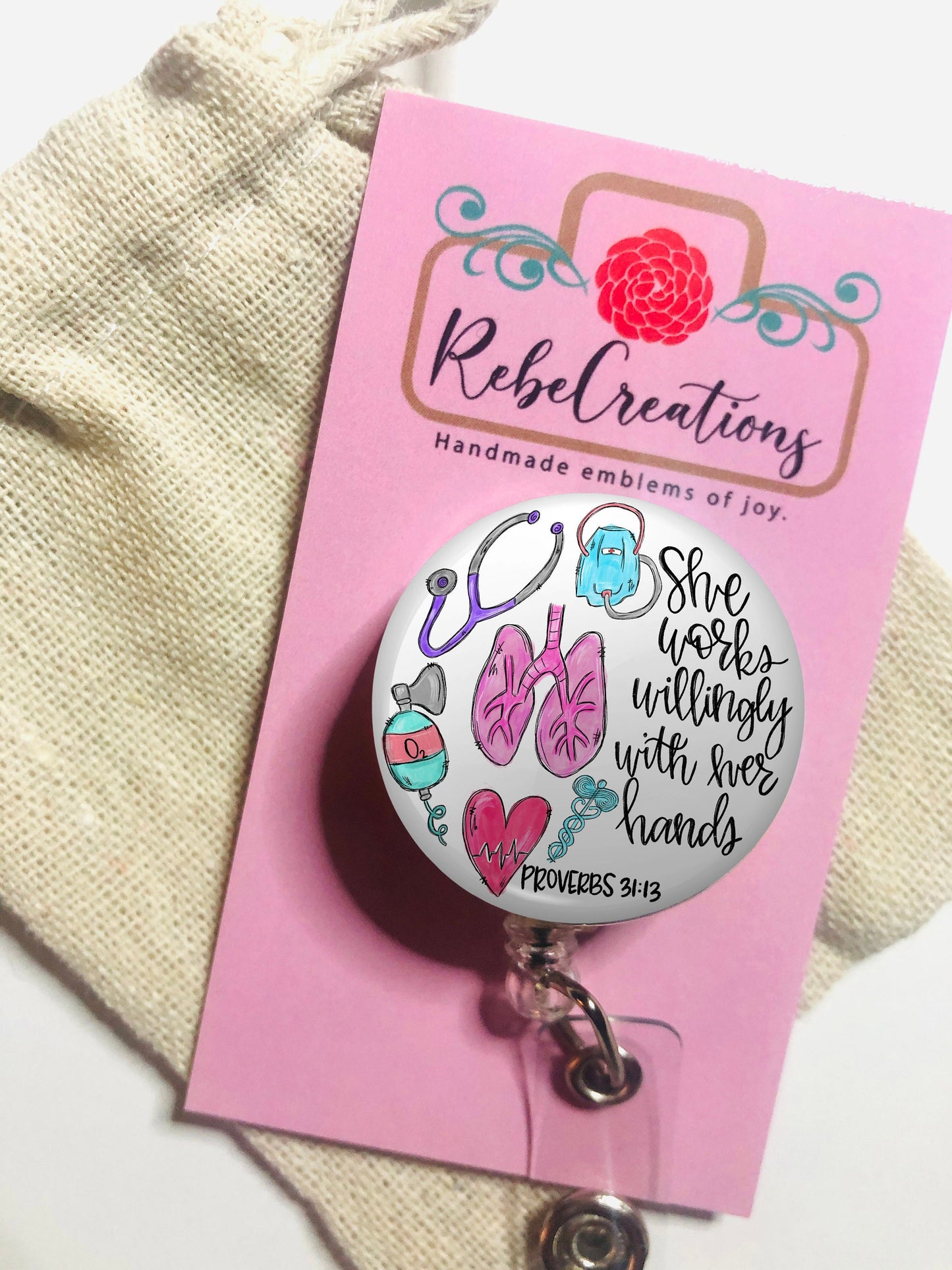 Respiratory Therapist Badge Reel - RT Badge Reel - She works willingly with her hands - ID Retractable badge, ID Badge Reel - Rt  Gift