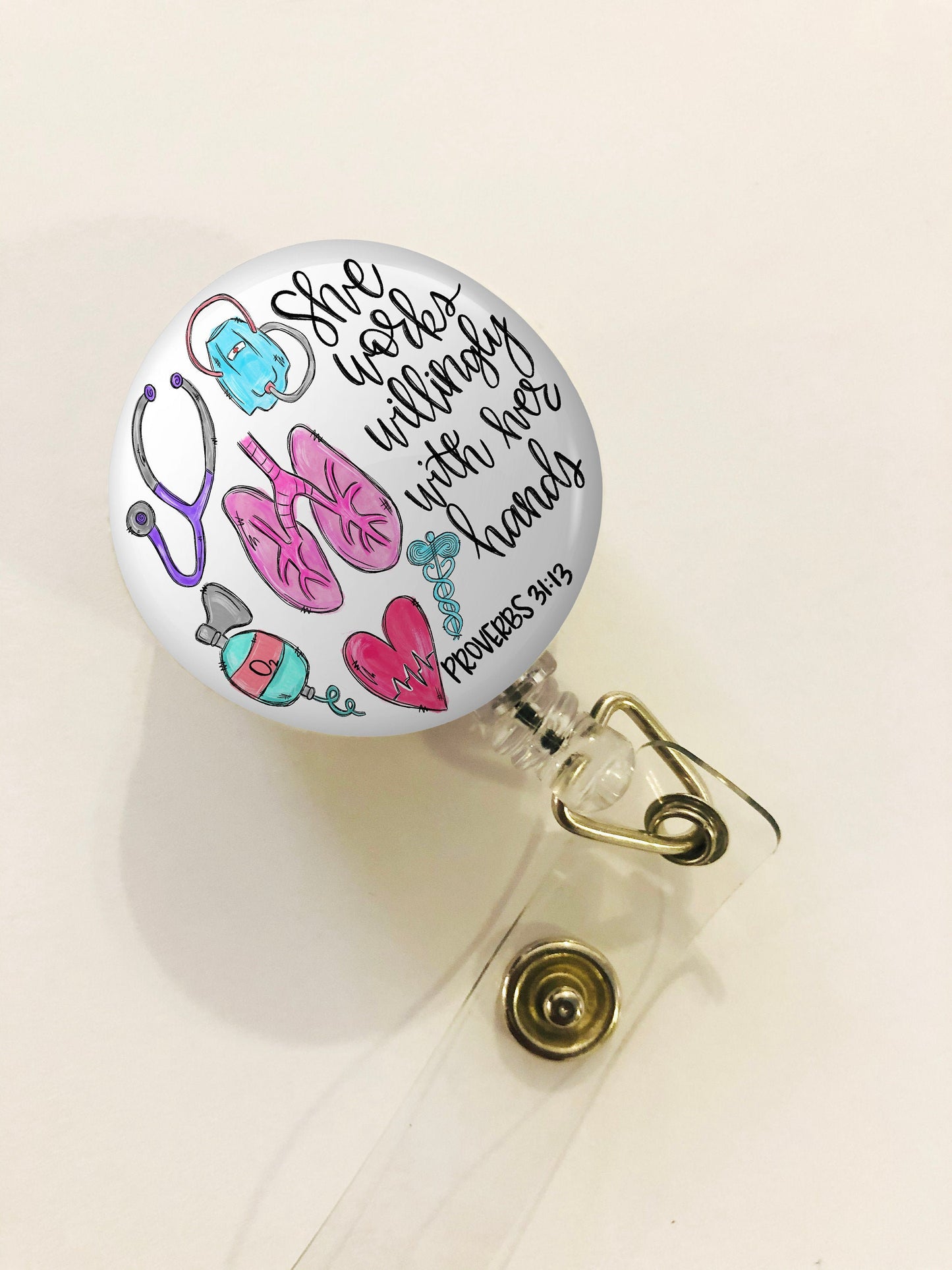 Respiratory Therapist Badge Reel - RT Badge Reel - She works willingly with her hands - ID Retractable badge, ID Badge Reel - Rt  Gift
