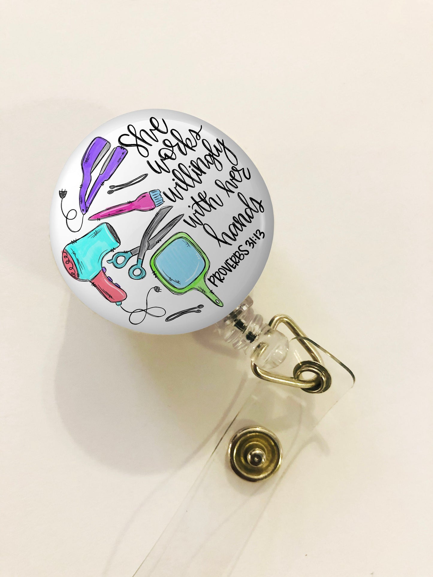 Hair Stylist Badge Reel, She works willingly with her hands - ID Retractable badge, ID Badge Reel, PT gift. Badge reel