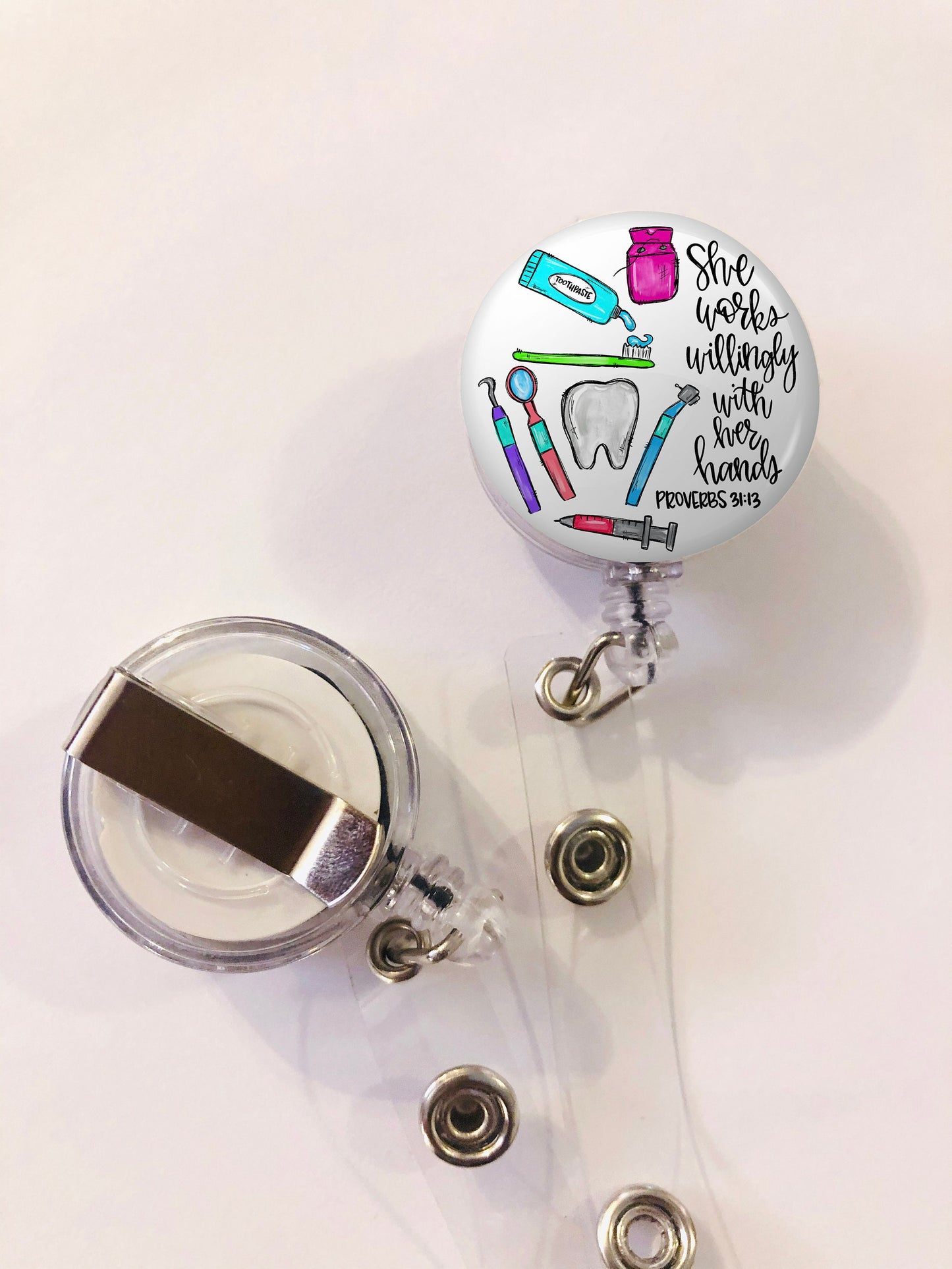 Dentist Badge Reel - Dental Hygienist - Dental Assistant - She works willingly with her hands - ID Retractable badge, ID Badge Reel