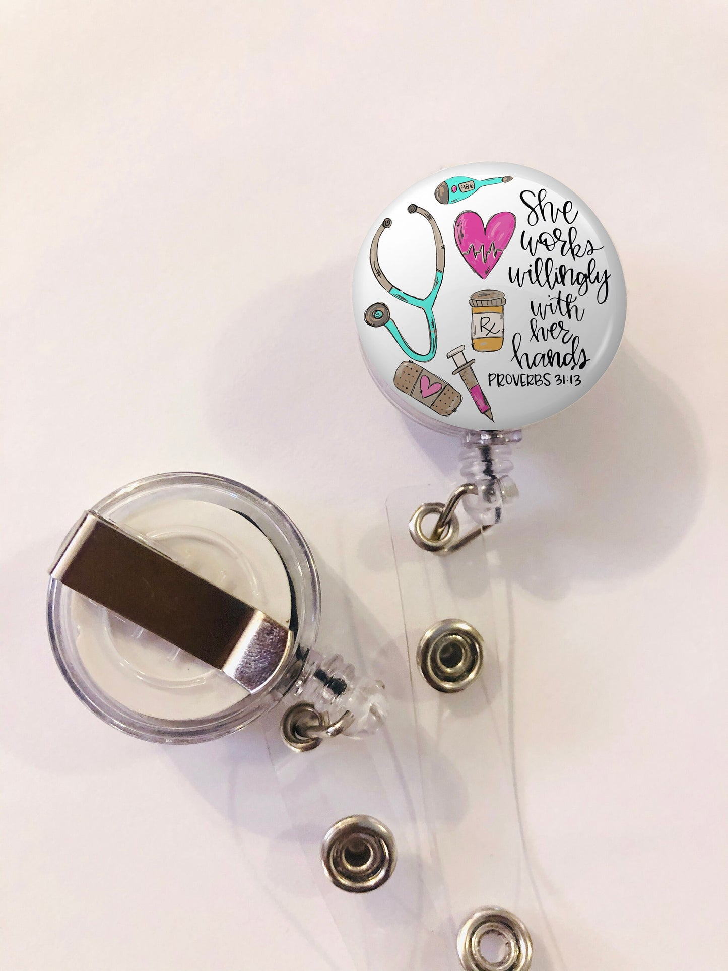 Nurse Badge Reel - RN Badge Reel - She works willingly with her hands - ID Retractable badge, ID Badge Reel - Nurse Gift