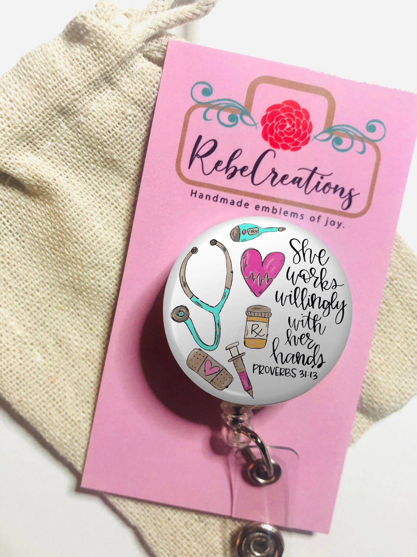 Nurse Badge Reel - RN Badge Reel - She works willingly with her hands - ID Retractable badge, ID Badge Reel - Nurse Gift