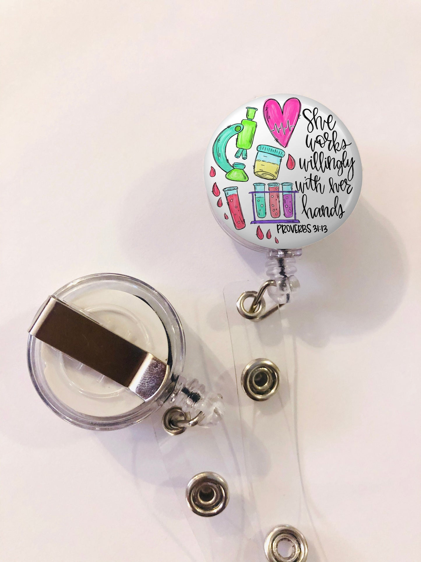 Phlebotomist Badge Reel - Lab Badge Reel - She works willingly with her hands - ID Retractable badge, ID Badge Reel - Phlebotomist Gift