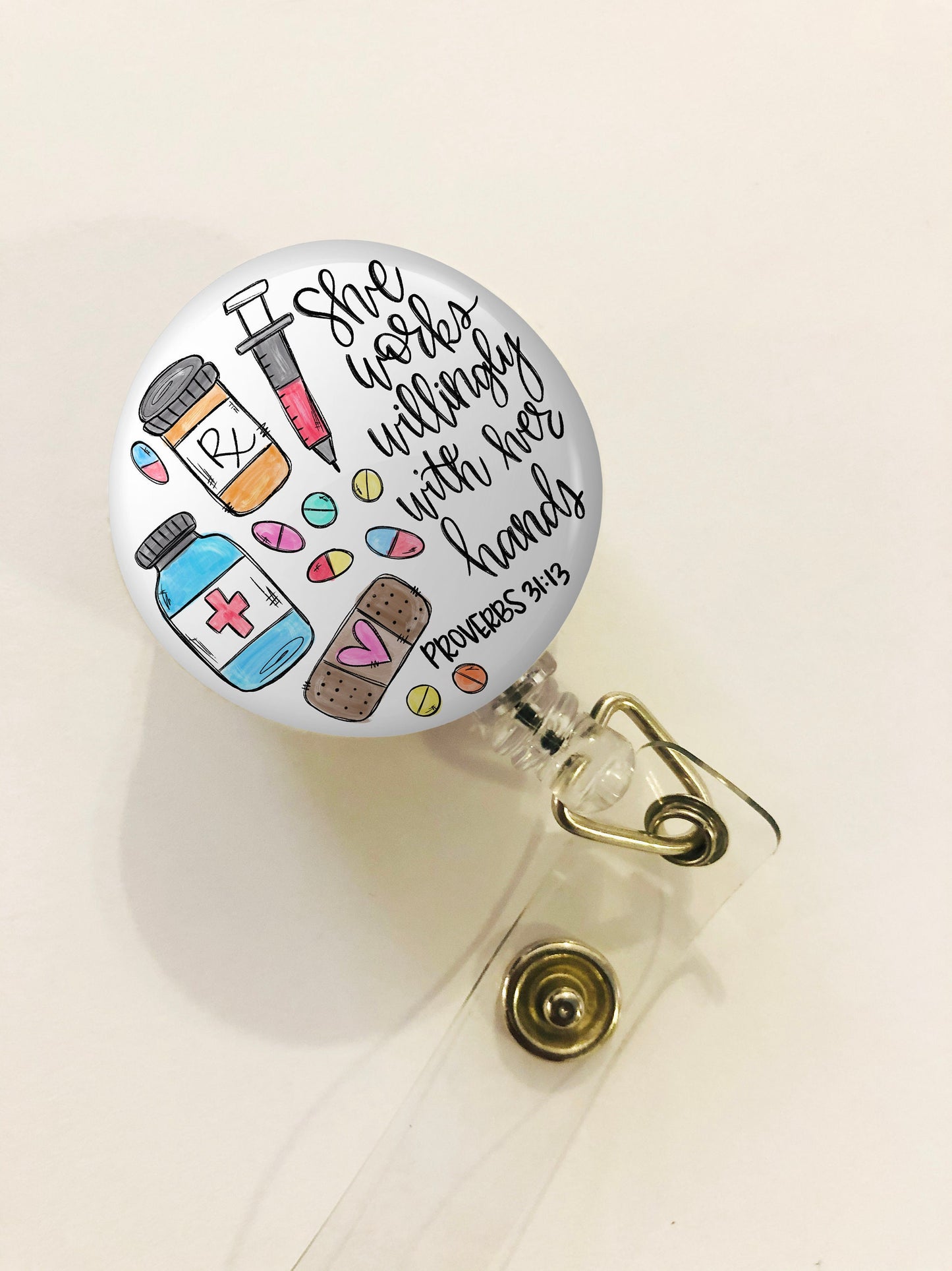 Pharmacist Badge Reel - Pharmacist Tech Badge  - She works willingly with her hands - ID Retractable badge, ID Badge Reel - Pharmacist  Gift