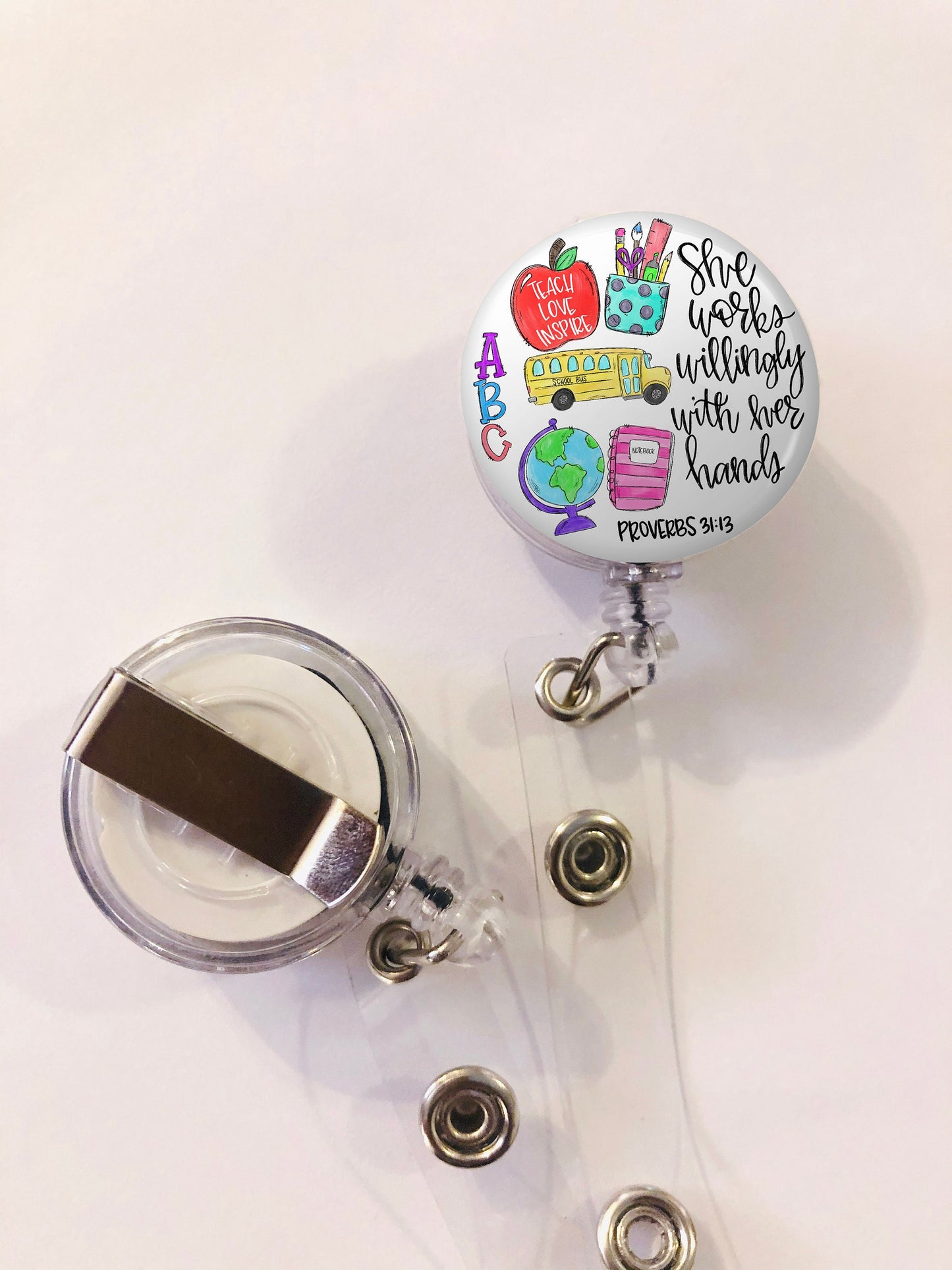 Teacher Badge Reel - Teacher ID Badge Reel - She works willingly with her hands - ID Retractable badge, ID Badge Reel - Teacher  Gift