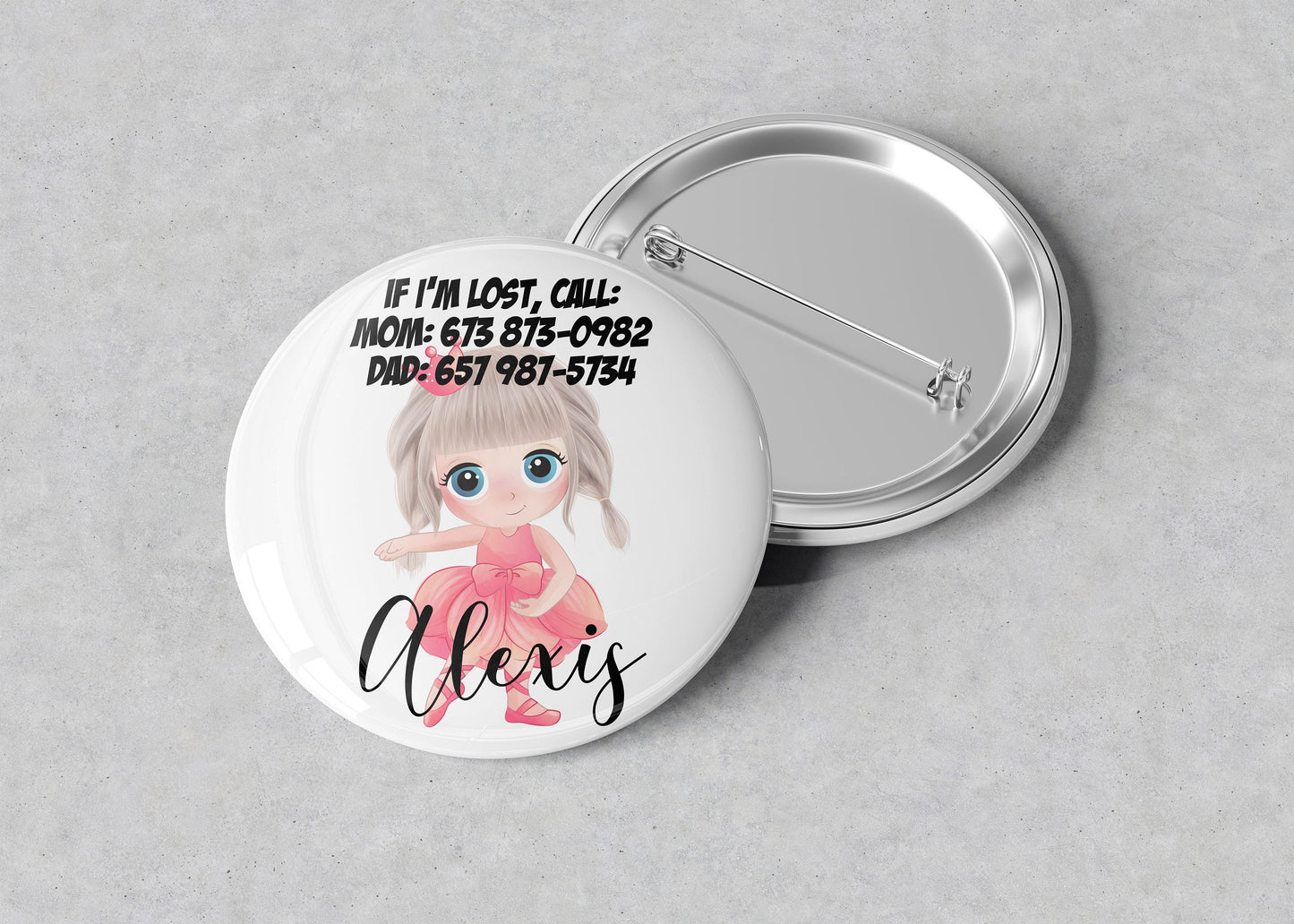 Personalized Emergency Contact Button Badge - Emergency Contact Button Pin - Child Emergency Contact Badge - Child Pin
