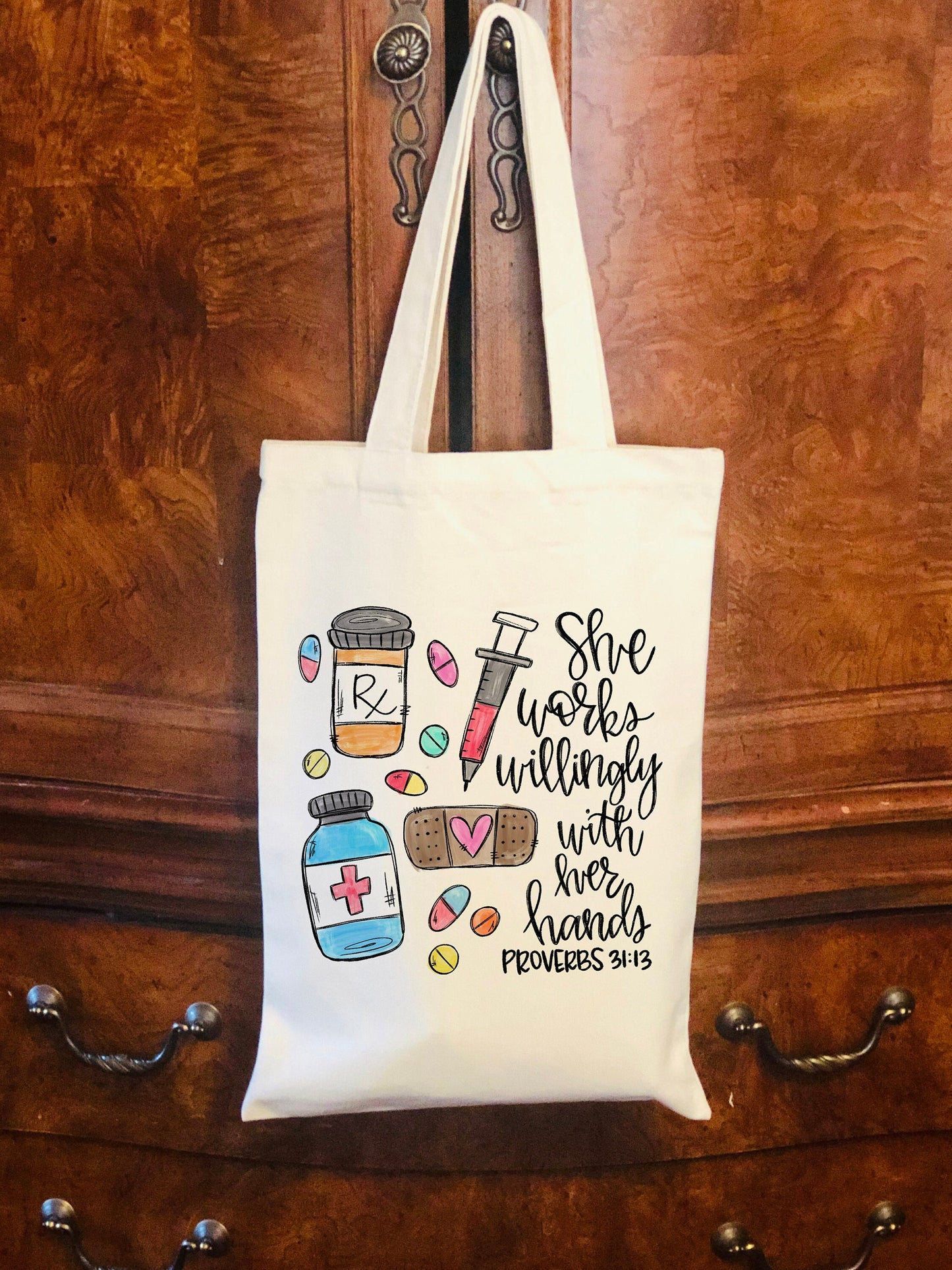 Personalized  Pharmacist Canvas Bag -  She Works Willingly with her hands - Pharmacist Canvas Bag - Pharmacist Bag - Pharmacist Gift