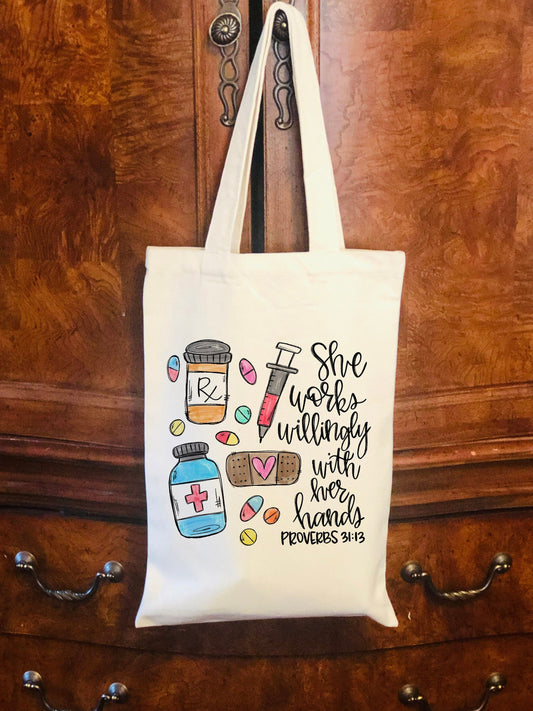 Personalized  Pharmacist Canvas Bag -  She Works Willingly with her hands - Pharmacist Canvas Bag - Pharmacist Bag - Pharmacist Gift