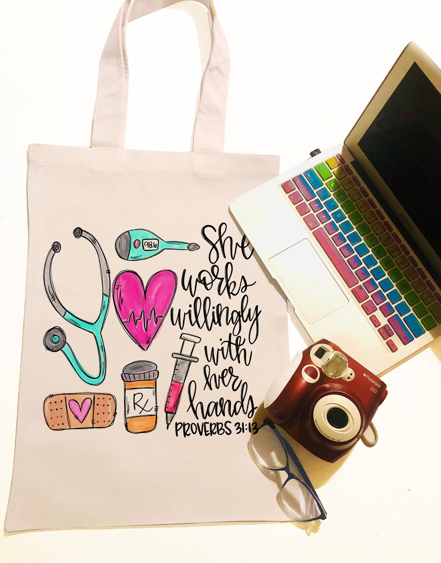 Personalized  Canvas Bag -  She Works Willingly with her hands - Canvas Bag - Nurse Bag - Nurse Gift