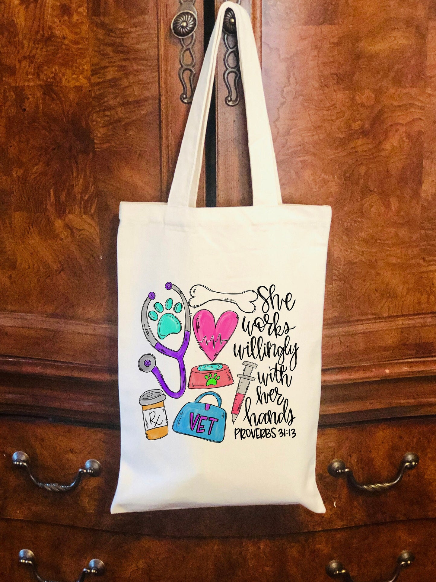 Personalized  Veterinarian Canvas Bag -  She Works Willingly with her hands - Vet Canvas Bag - Veterinarian Bag - Veterinarian Gift