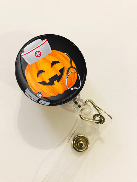 Halloween Pumpkin Nurse Badge Reel - Halloween RN Badge Reel - ID Retractable badge, ID Badge Reel - Nurse Gift
