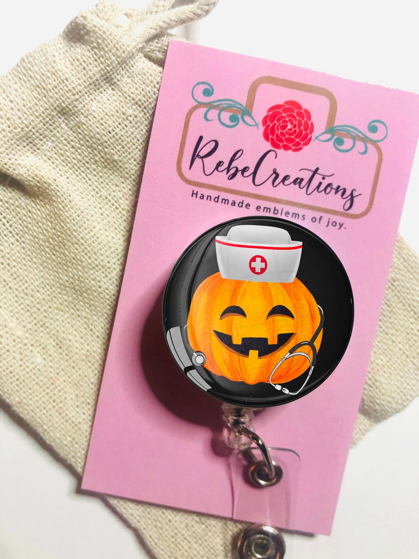 Halloween Pumpkin Nurse Badge Reel - Halloween RN Badge Reel - ID Retractable badge, ID Badge Reel - Nurse Gift