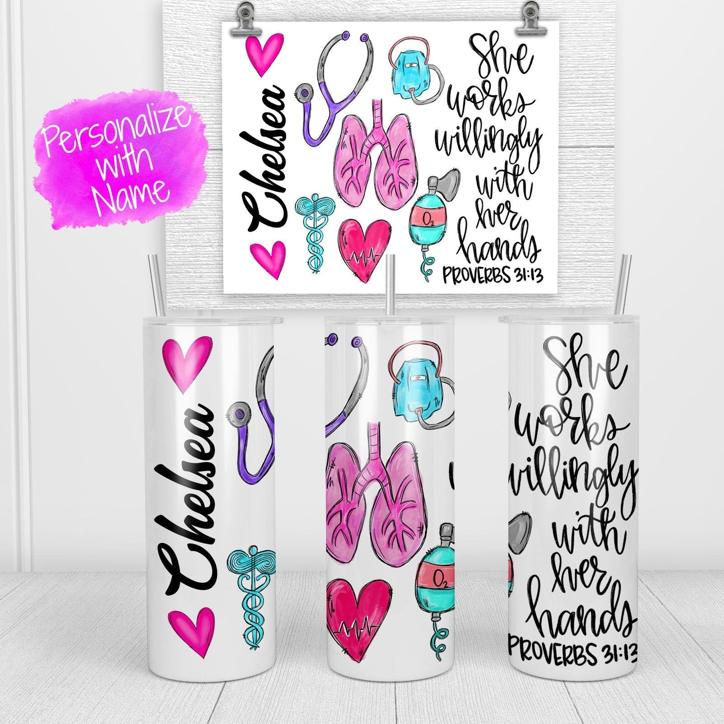 Respiratory Therapist 20 oz Skinny Tumbler - She works willingly with her hands - RT Skinny Tumbler -  RT Gift - Respiratory Therapist