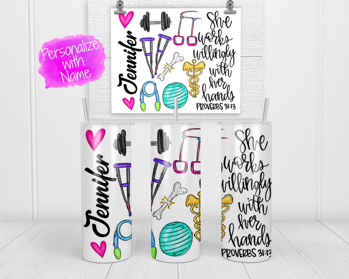 Physical Therapist Skinny Tumbler - She works willingly with her hands - PT Skinny Tumbler -  Physical Therapist Gift - PT Gift