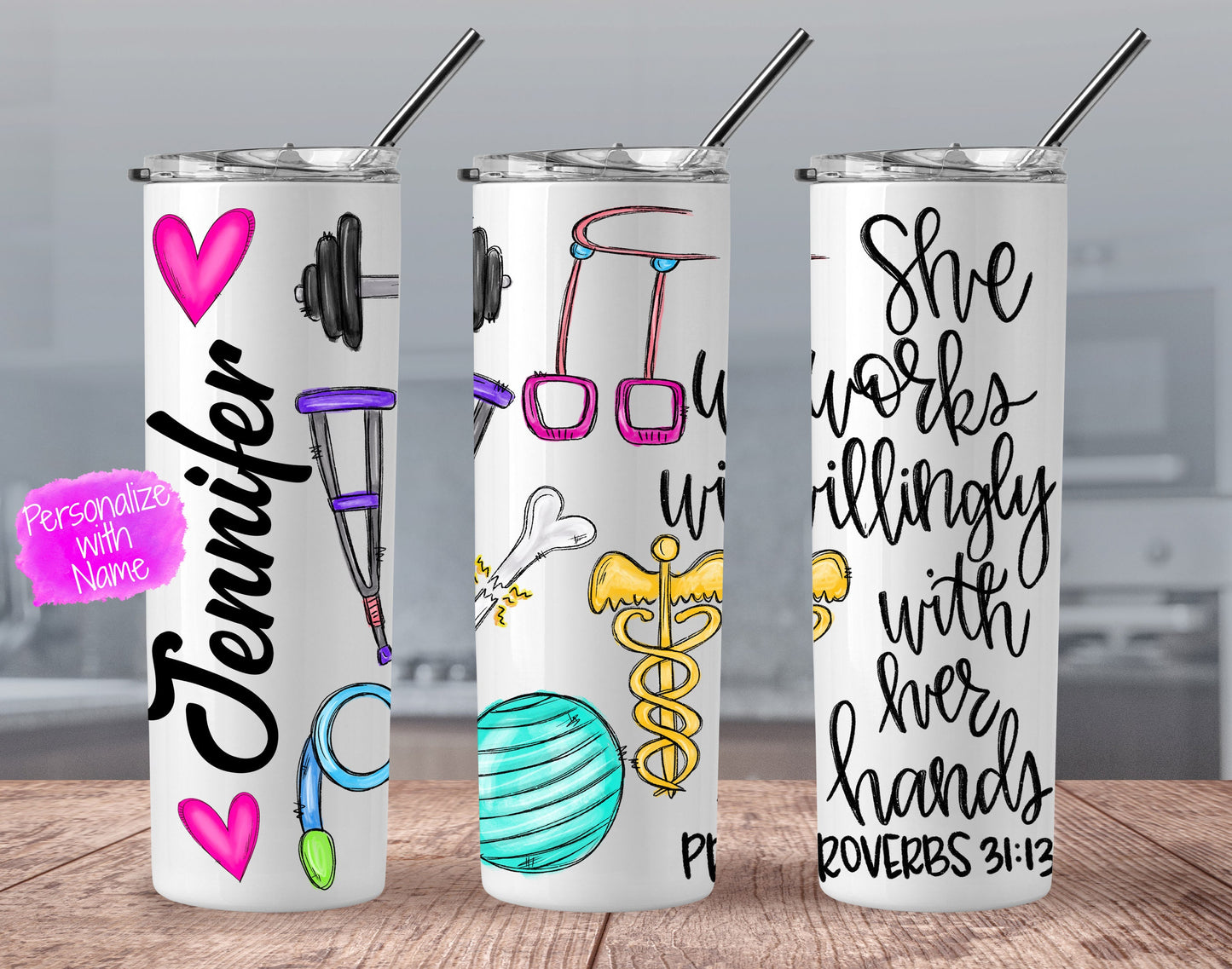 Physical Therapist Skinny Tumbler - She works willingly with her hands - PT Skinny Tumbler -  Physical Therapist Gift - PT Gift