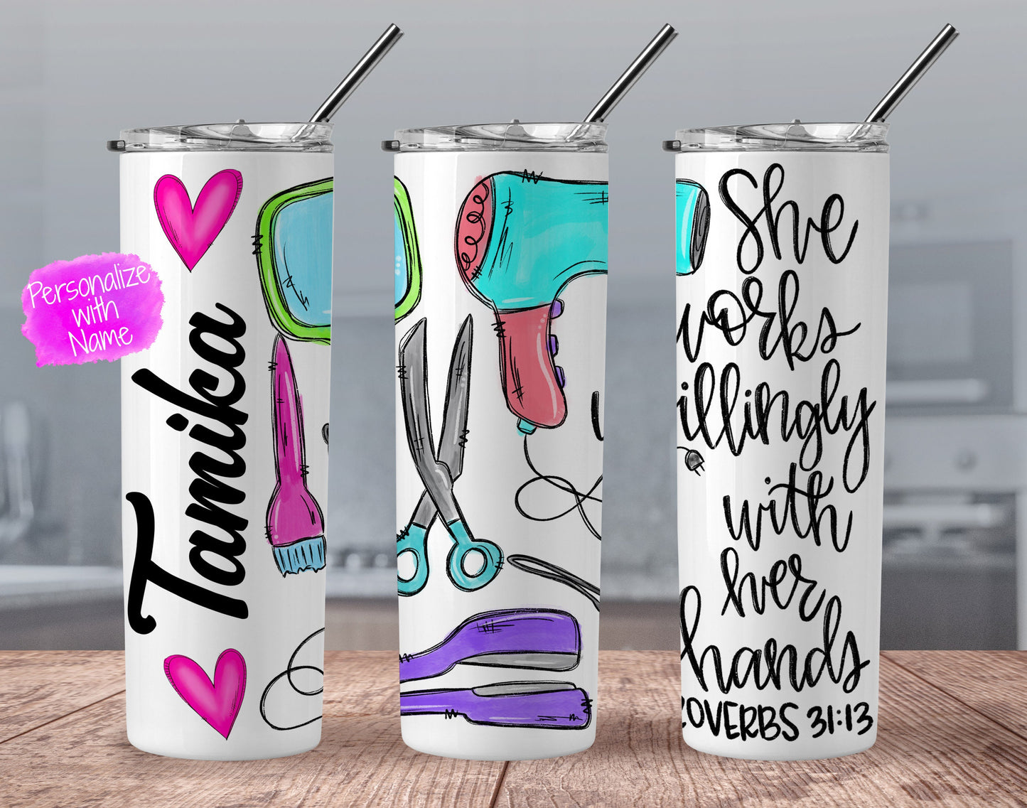 HairStylist Skinny Tumbler - She works willingly with her hands - Hairdresser Skinny Tumbler -  Hairstylists Gift - Hairdresser Gift