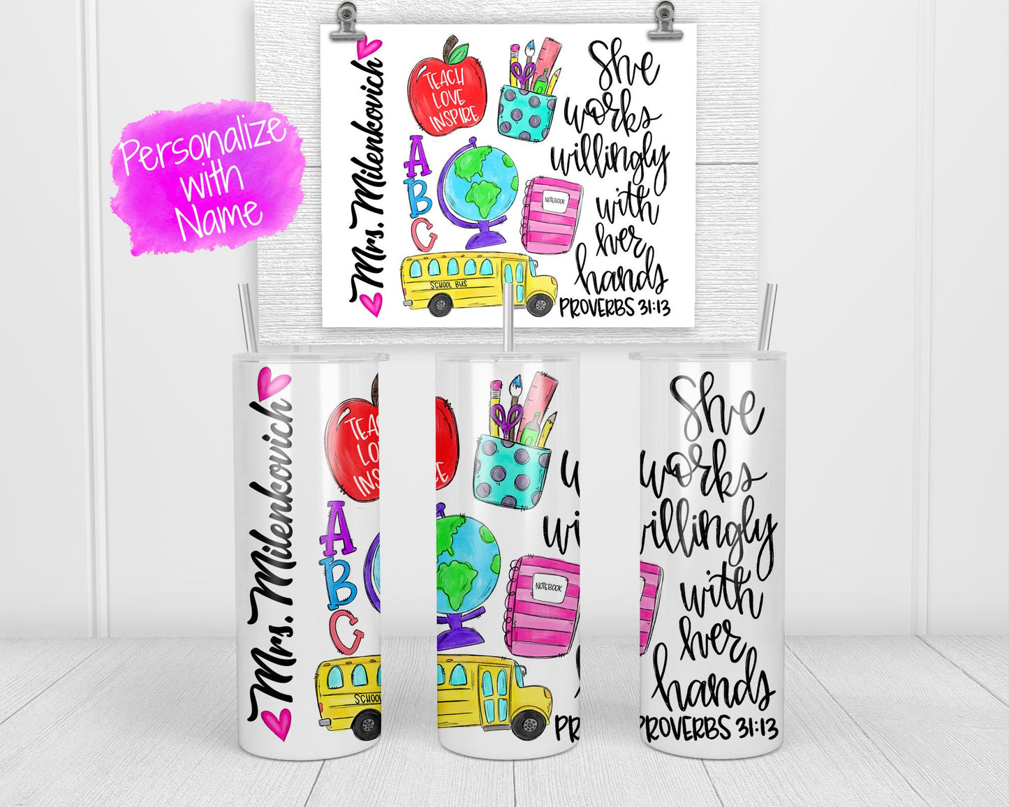Teacher Skinny Tumbler - She works willingly with her hands - Teacher Skinny Tumbler -  Teacher Gift