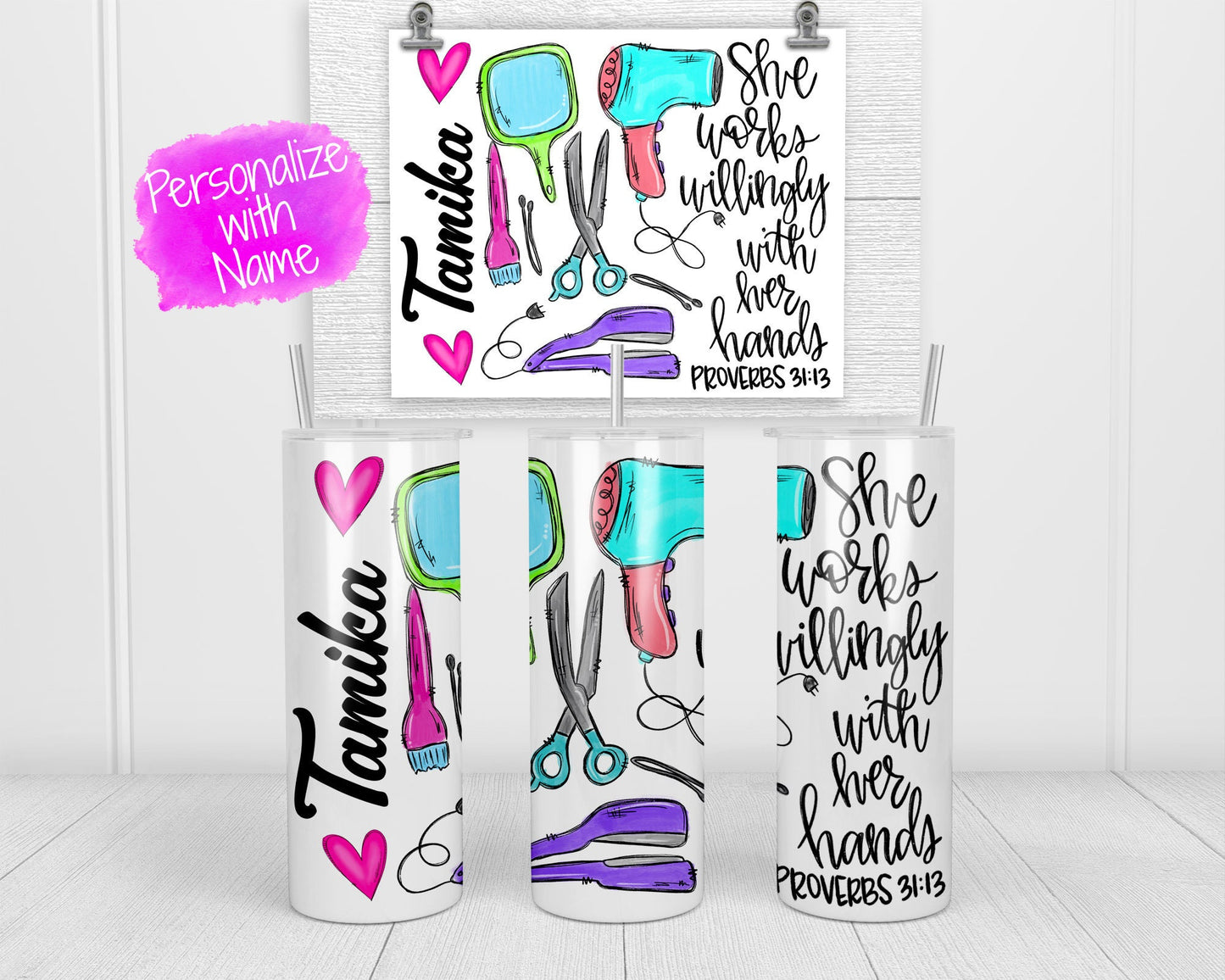 HairStylist Skinny Tumbler - She works willingly with her hands - Hairdresser Skinny Tumbler -  Hairstylists Gift - Hairdresser Gift