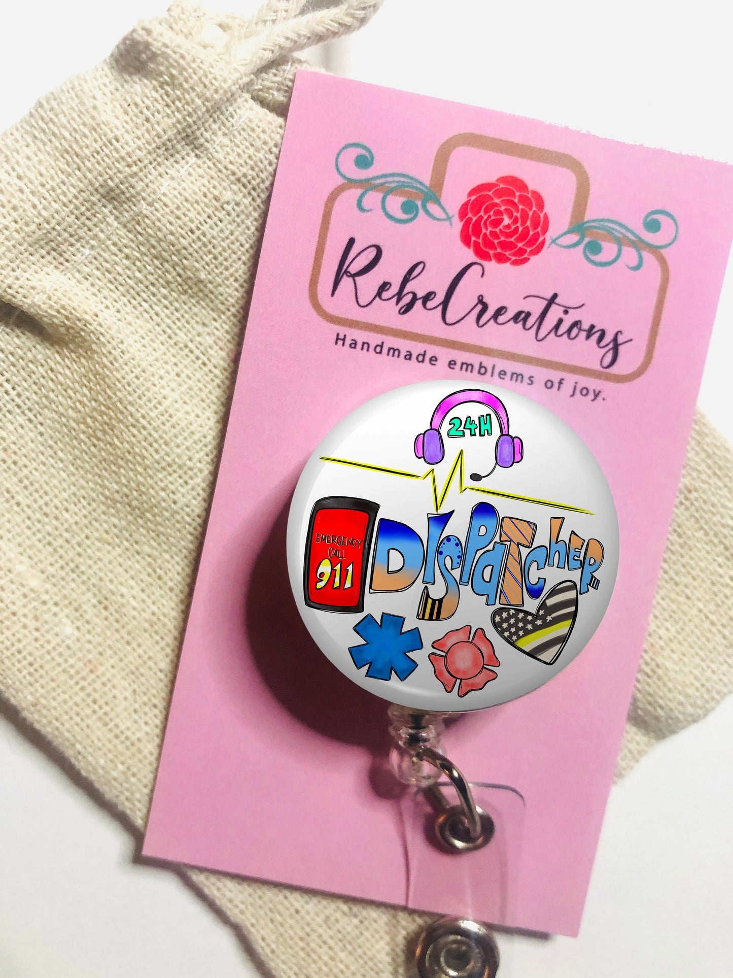 911 Dispatcher Badge Reel - 911 Dispatcher ID Badge Reel - ID Retractable badge, ID Badge Reel - Dispatcher Gift