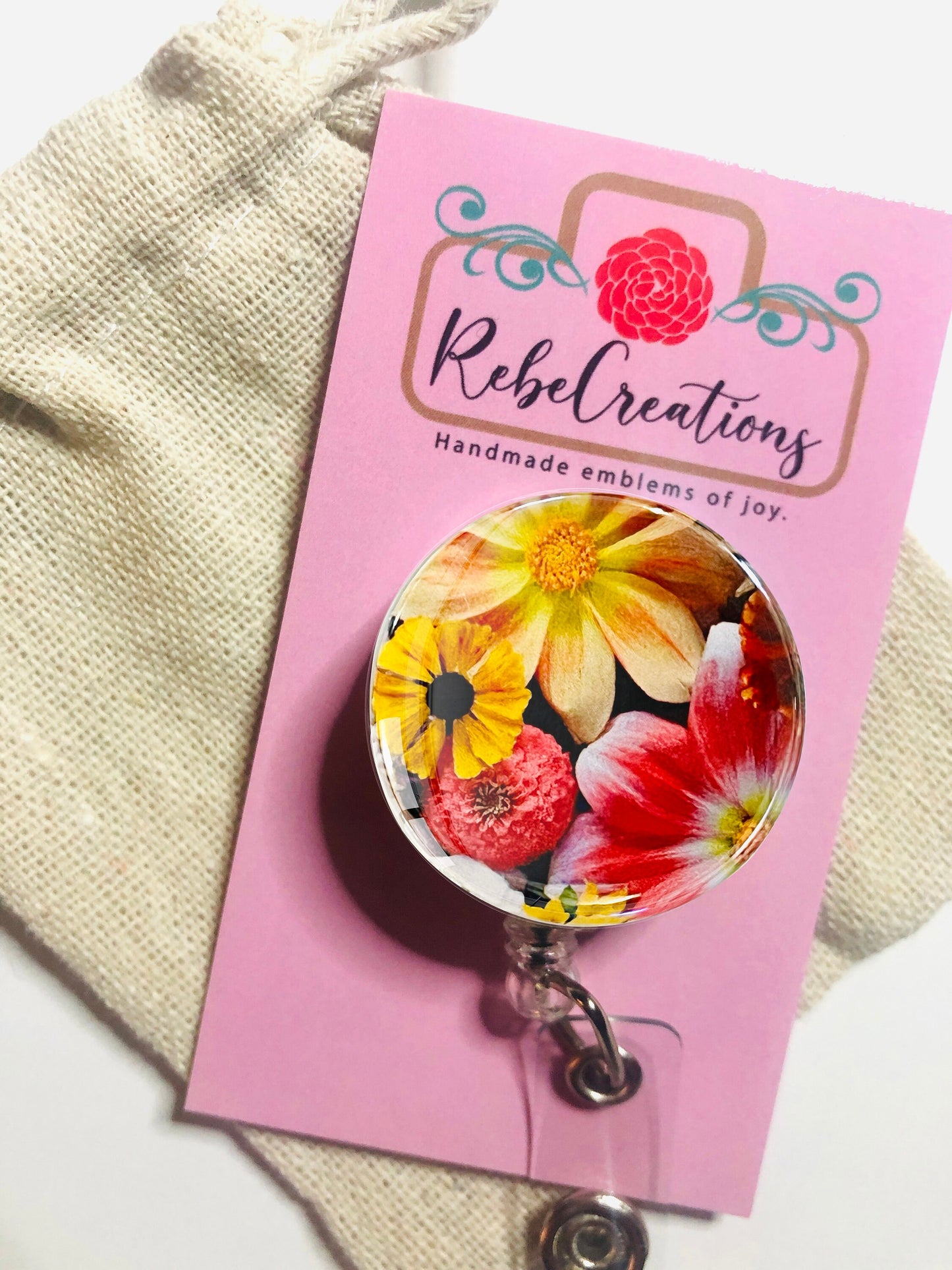 Flower Badge Reels - Flower ID Badge - ID Badge Lanyards - Floral Badge Reels - Retractable Badge Holder - ID Badge Reel